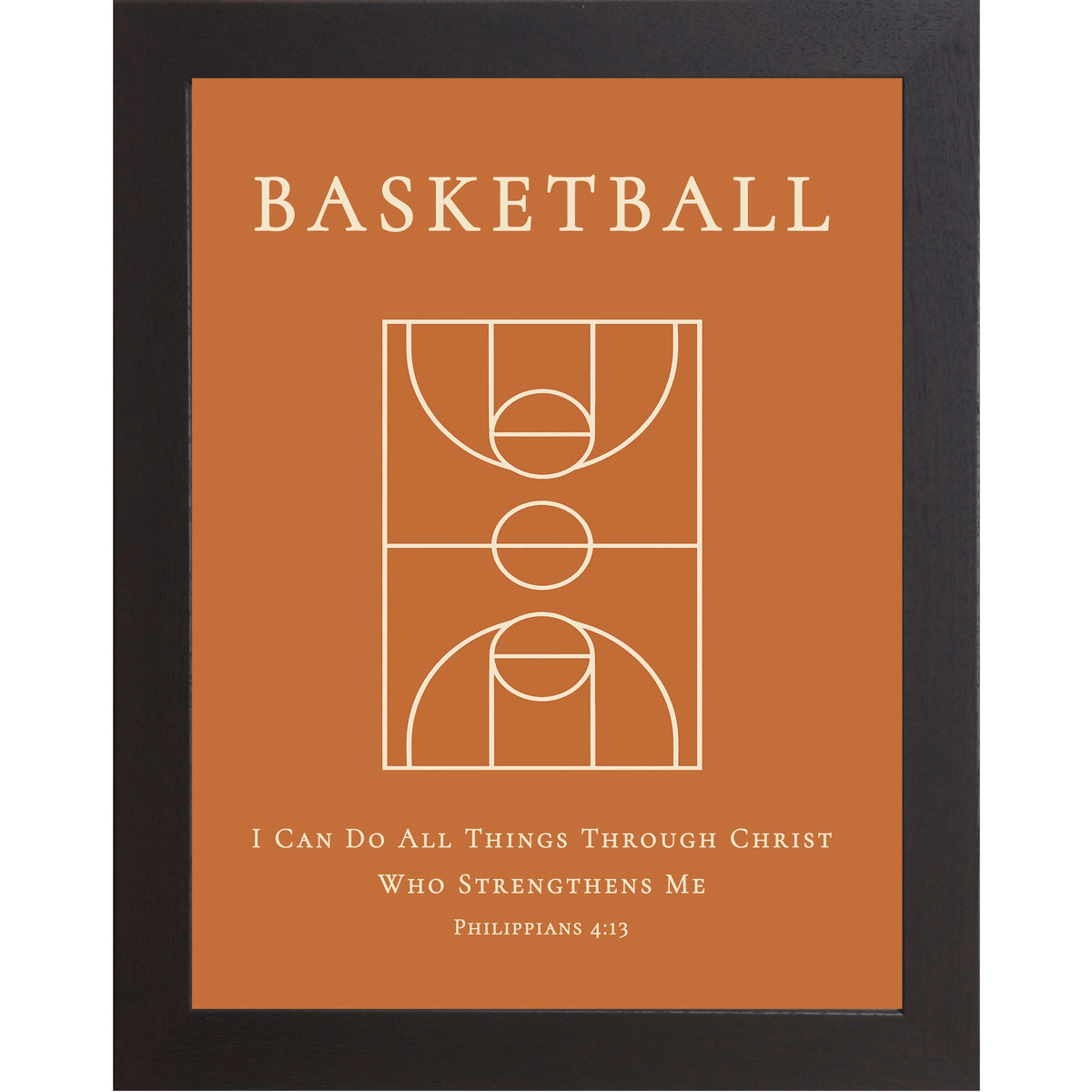 Black color framed Christian basketball wall art featuring a basketball court diagram with the Bible verse Philippians 4:13 on an orange background.