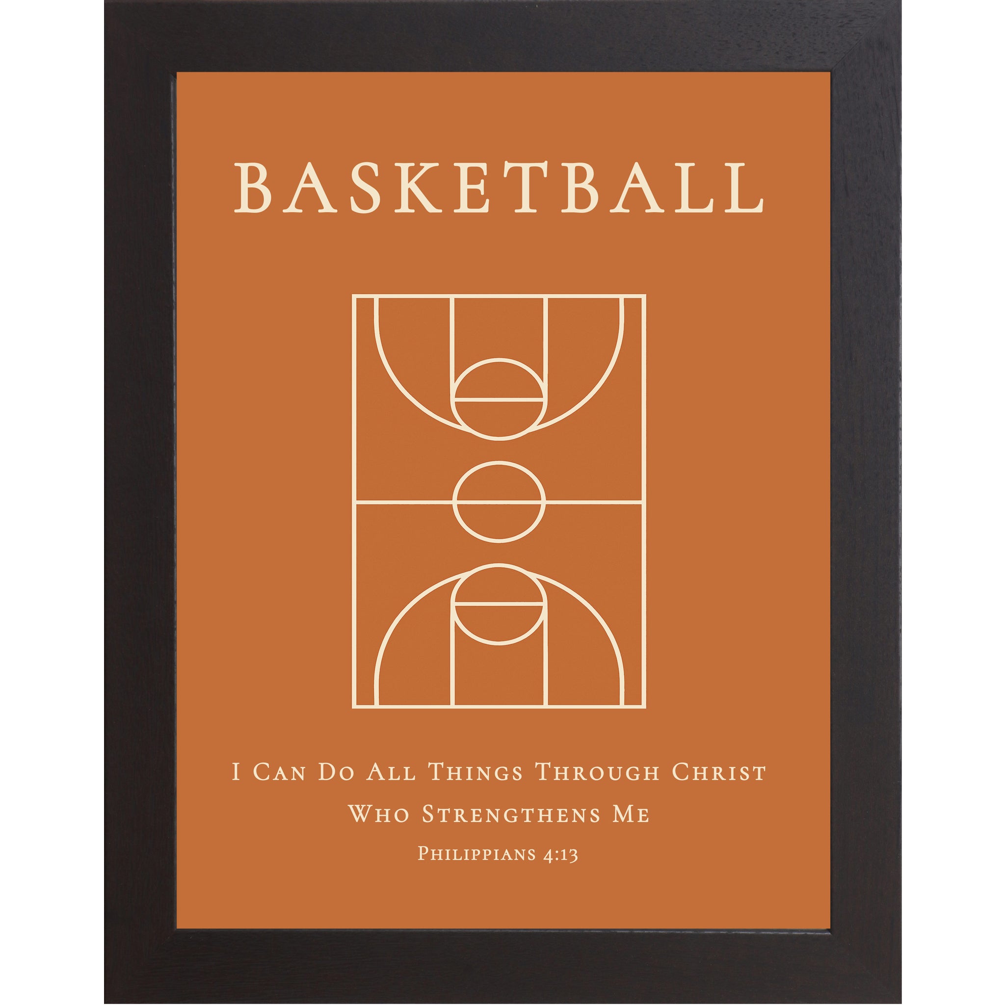 Black color framed Christian basketball wall art featuring a basketball court diagram with the Bible verse Philippians 4:13 on an orange background.