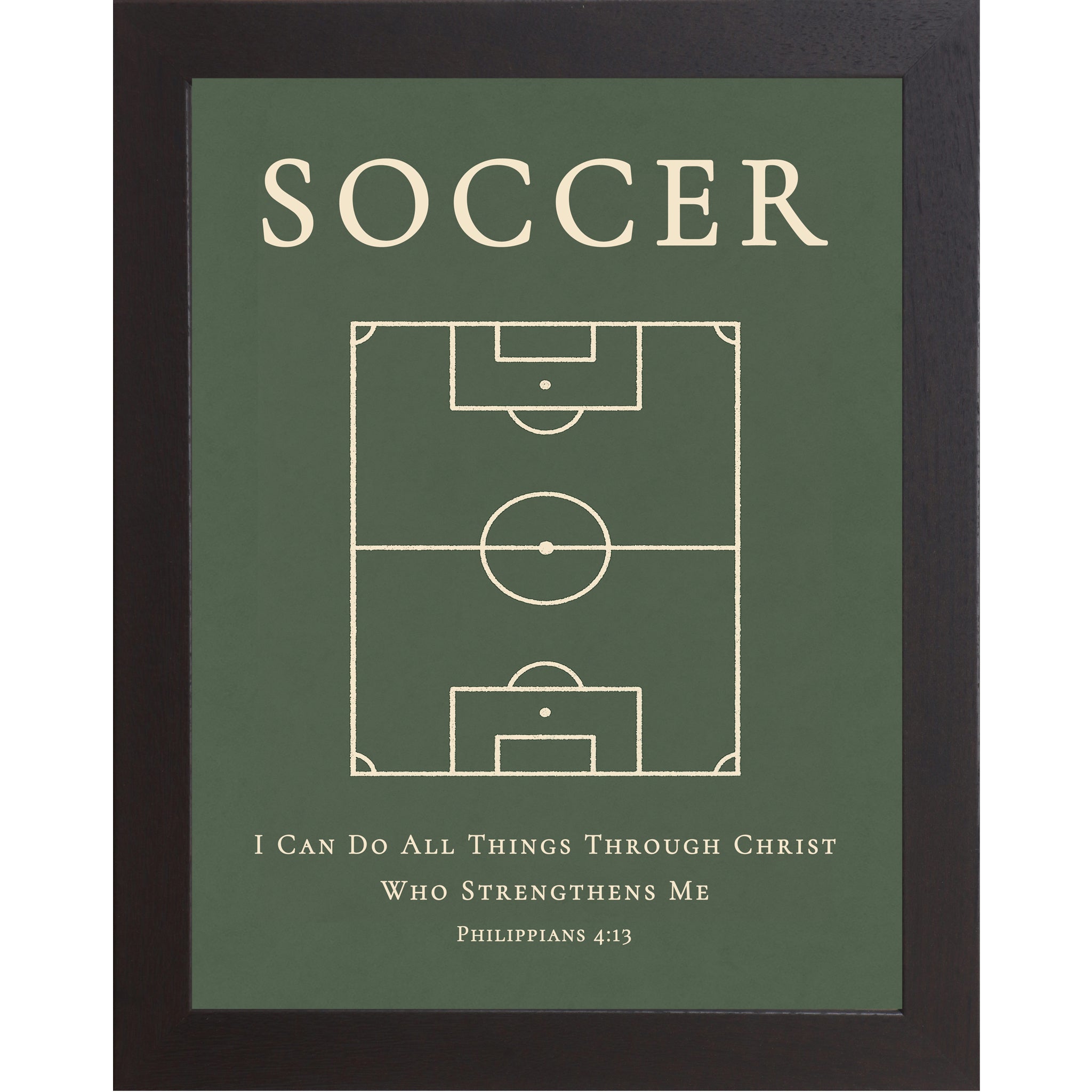 Black Frame Color. Christian soccer wall art featuring a soccer field diagram with the Bible verse Philippians 4:13 on a green background.