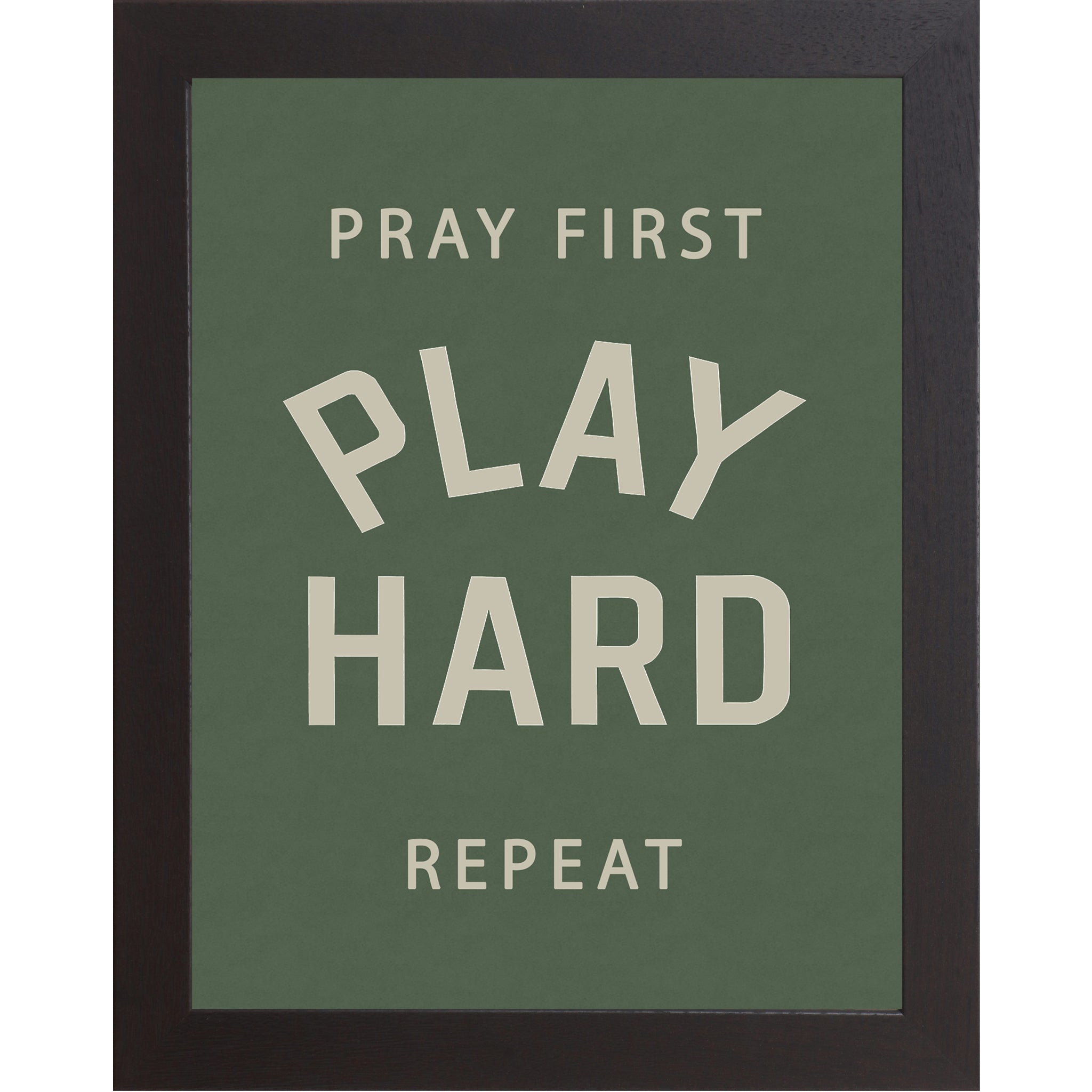 Black frame color Framed motivational sports wall art with green background reading Pray First Play Hard Repeat for athlete bedroom decor and faith inspired sports spaces.