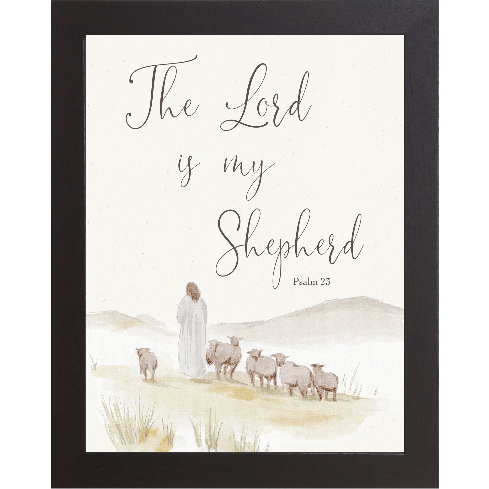 Vertical Psalm 23 wall art featuring The Lord Is My Shepherd verse above a watercolor shepherd and sheep landscape on a neutral background.