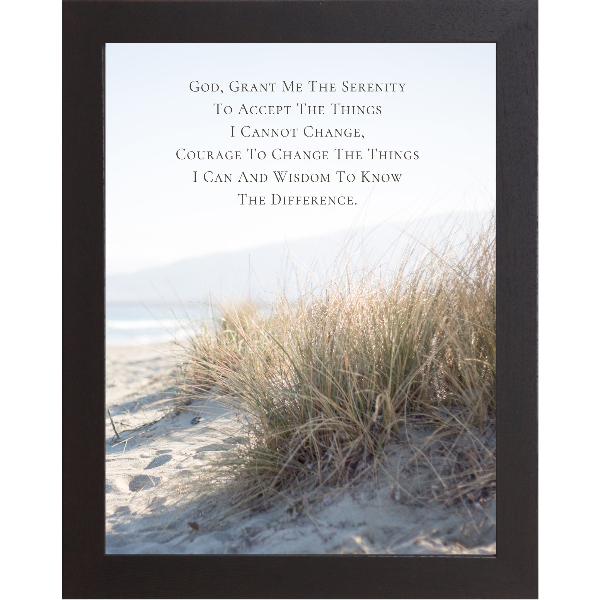 Black framed portrait Serenity Prayer wall art with coastal beach dune grass photography ocean view and misty hills — Christian scripture faith decor