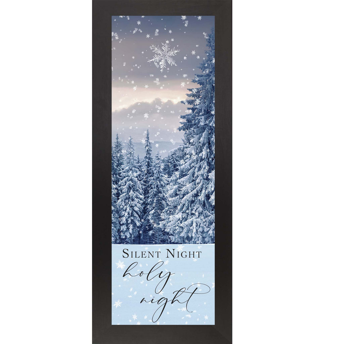 Slim vertical Christmas wall art featuring a snowy evergreen forest at night with falling snow and the words “Silent Night, Holy Night,” faith-based winter decor.