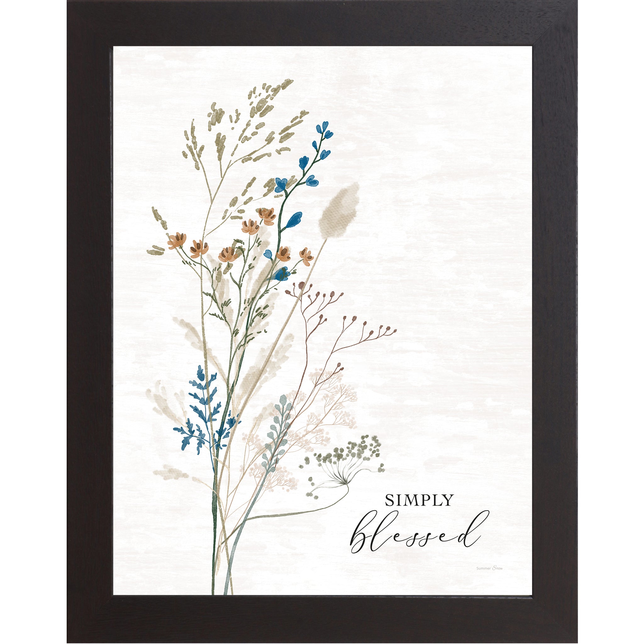 Black framed portrait watercolor floral wall art with tall blue orange and brown stem on white textured background with the words "Simply Blessed"