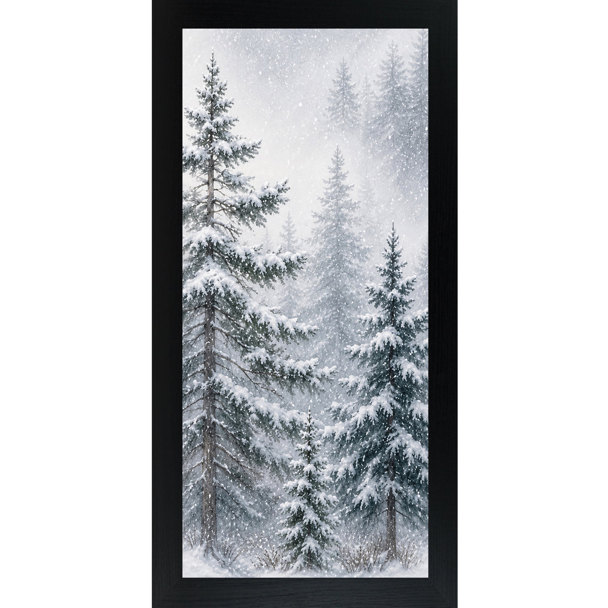 Black framed narrow portrait watercolor winter wall art featuring a snowy pine forest with a tall evergreen leaning left through falling snow