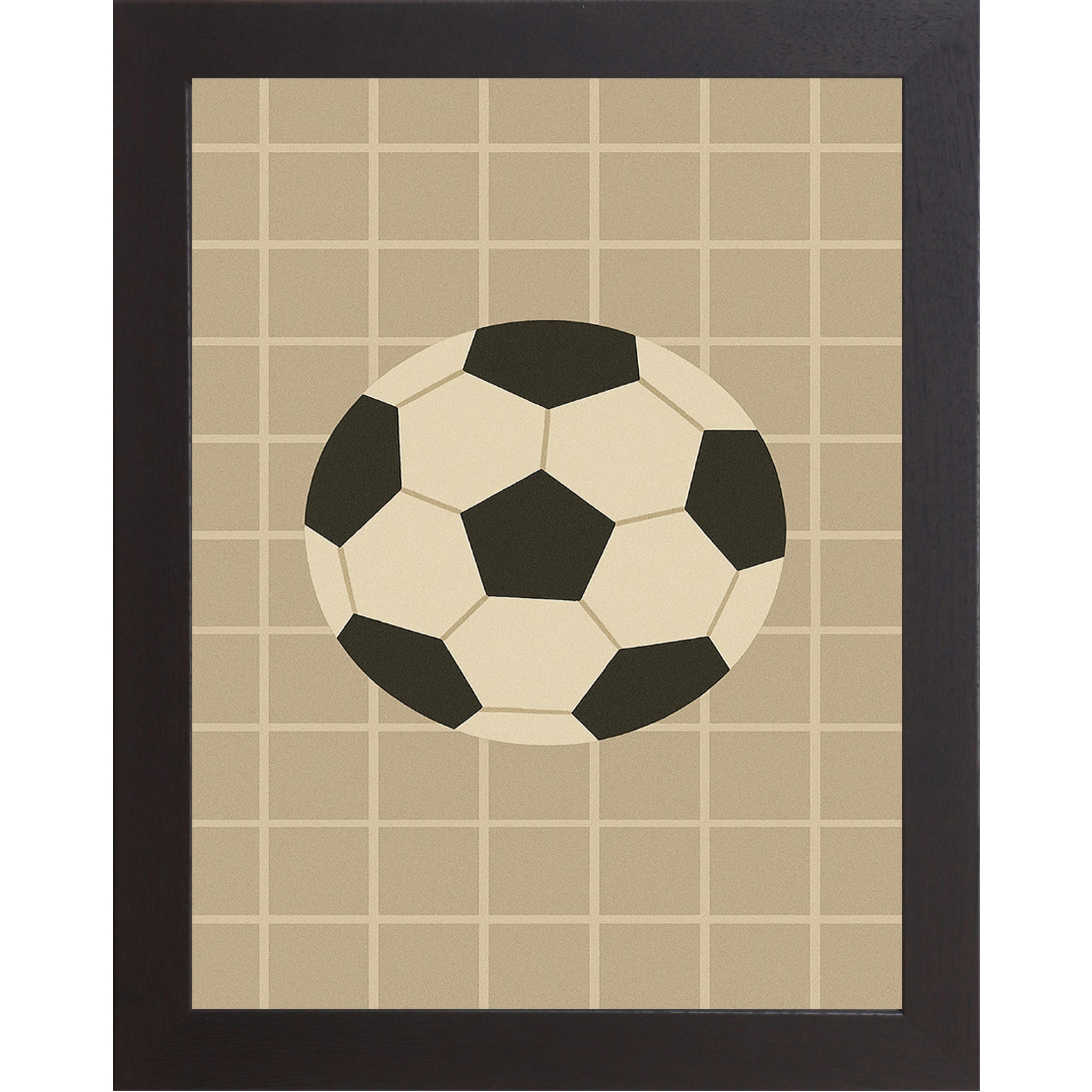 Black Frame Color Soccer ball wall art featuring a black and white soccer ball centered on a tan grid background.