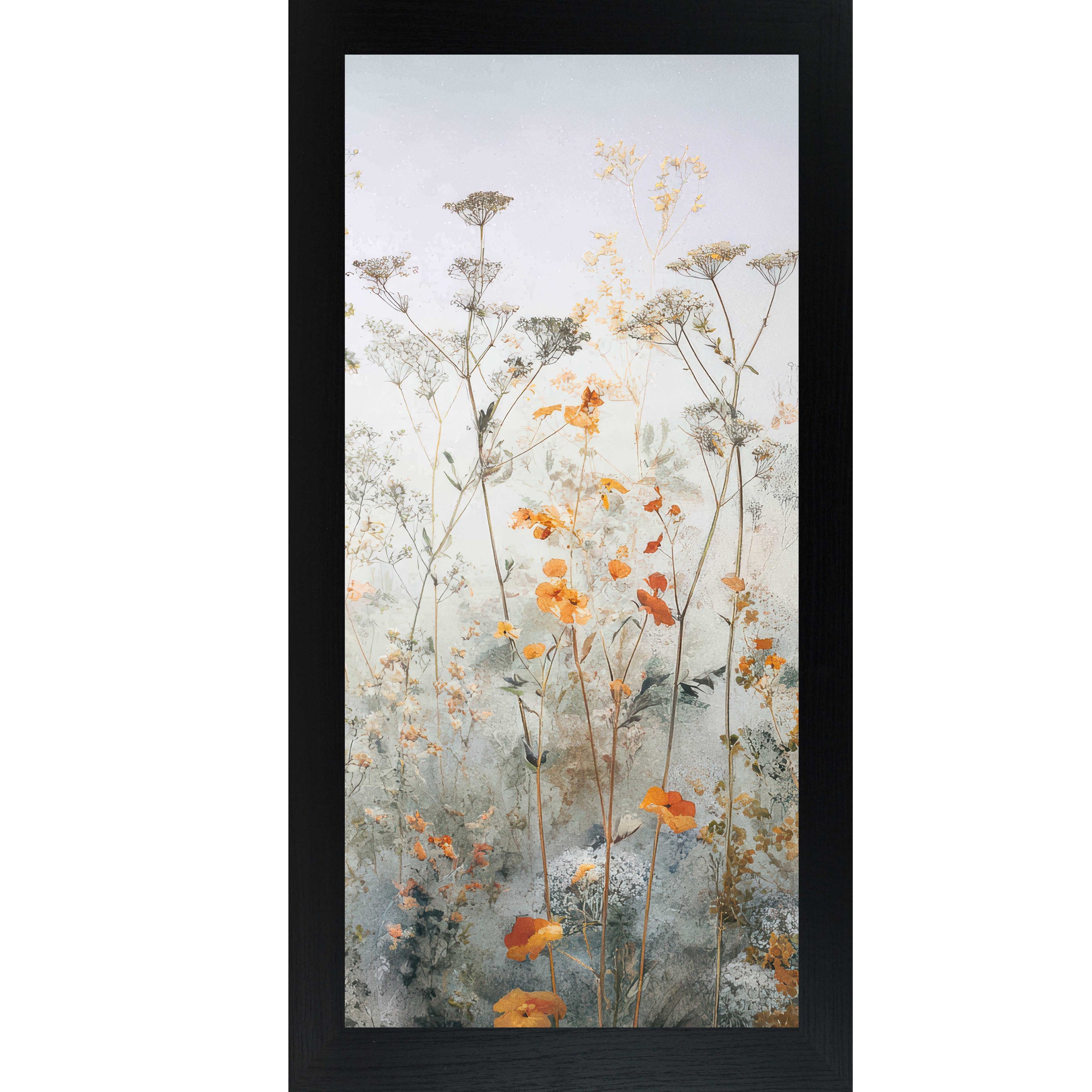 Black color frame of a Tall vertical spring wildflower wall art featuring delicate meadow flowers on a light blue background