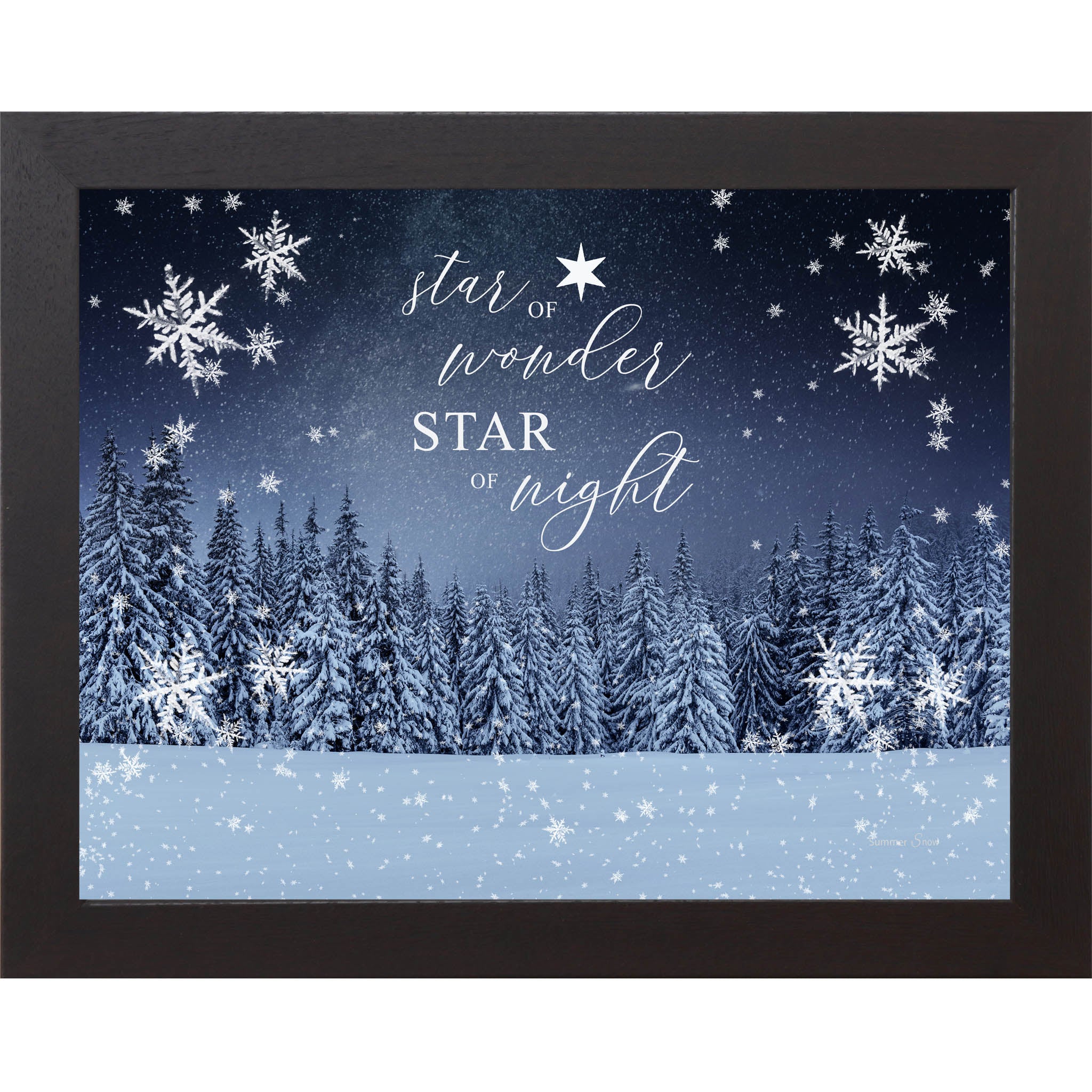 Winter forest Christmas wall art featuring snowy evergreen trees under a starry night sky with the phrase Star of Wonder Star of Night in elegant script.