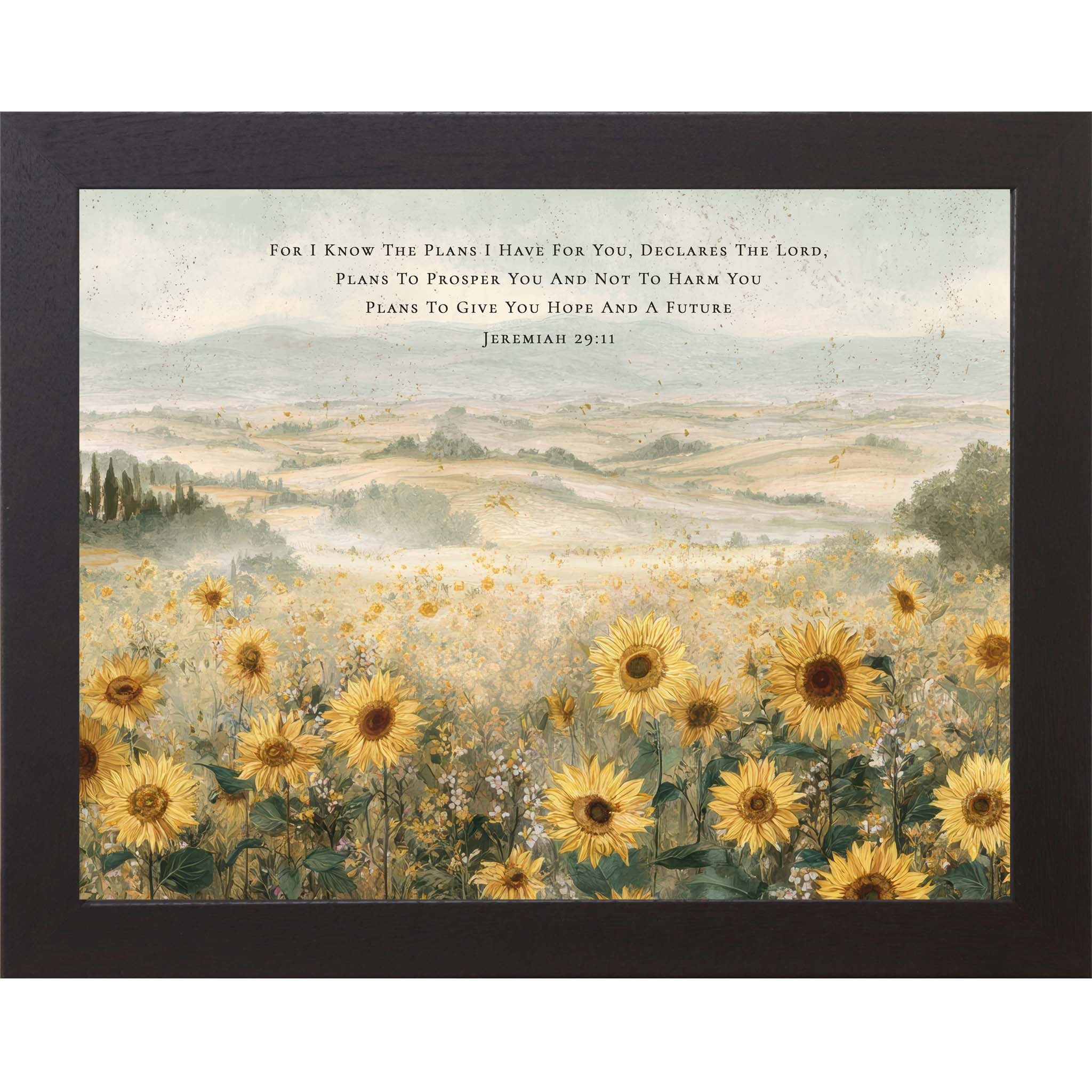 Framed sunflower wall art featuring rolling hills and golden sunflowers with the Bible verse Jeremiah 29:11 about hope and a future, wide horizontal Christian decor.