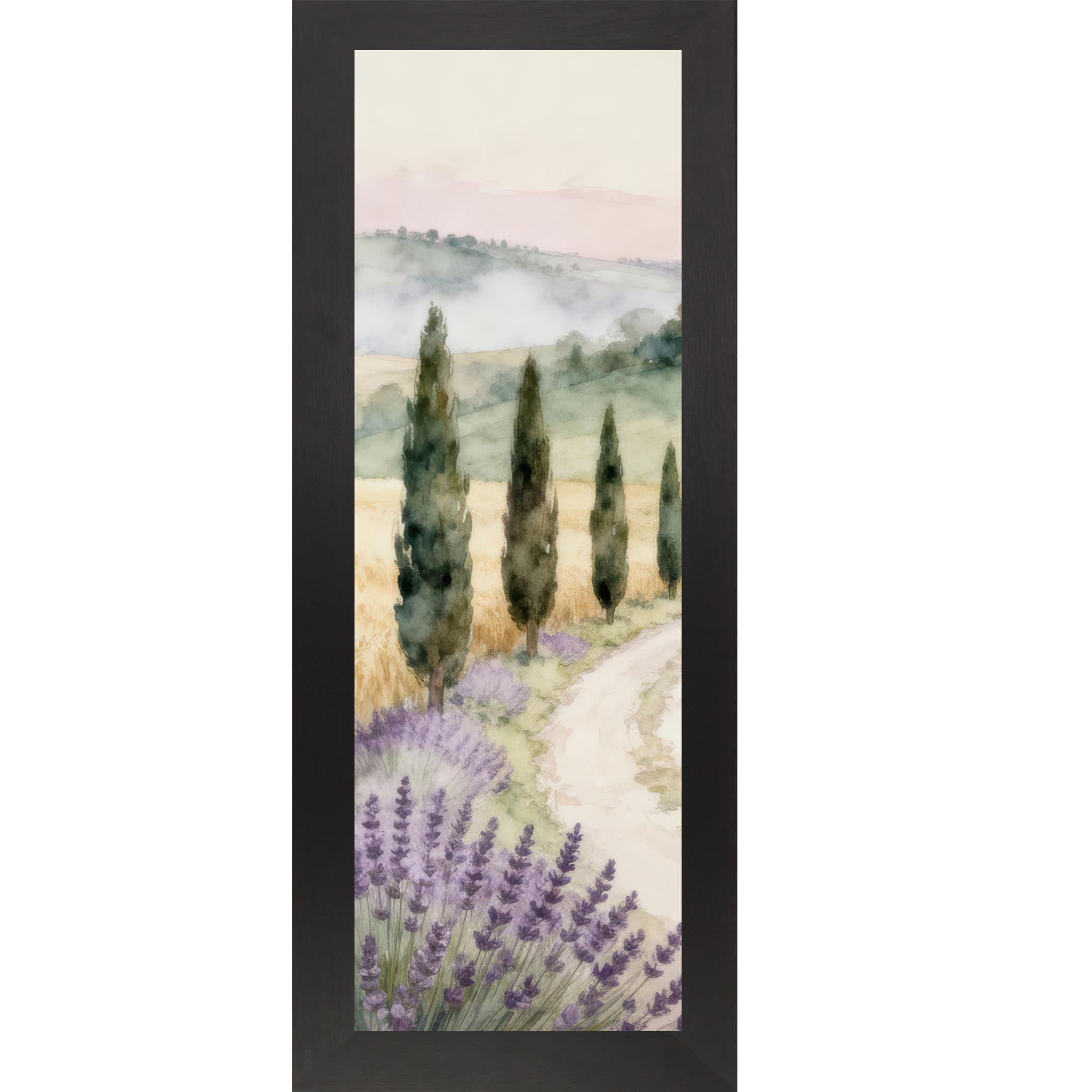 Black framed narrow portrait Tuscan watercolor wall art with lavender foreground cypress trees winding path and misty golden fields — Italian countryside slim vertical decor