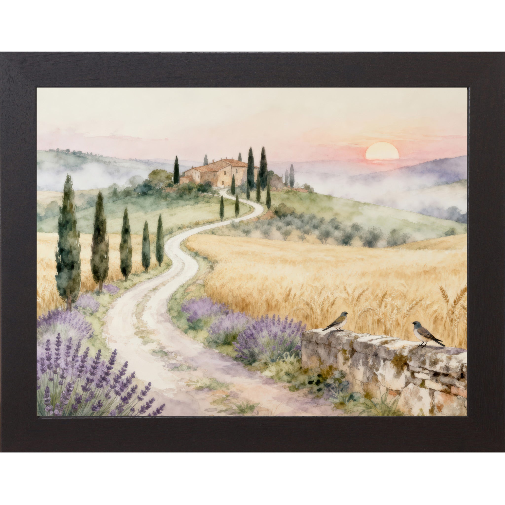 Black framed landscape Tuscan watercolor wall art with winding road cypress trees lavender fields and villa at sunrise with two bluebirds on stone wall — triptych center piece