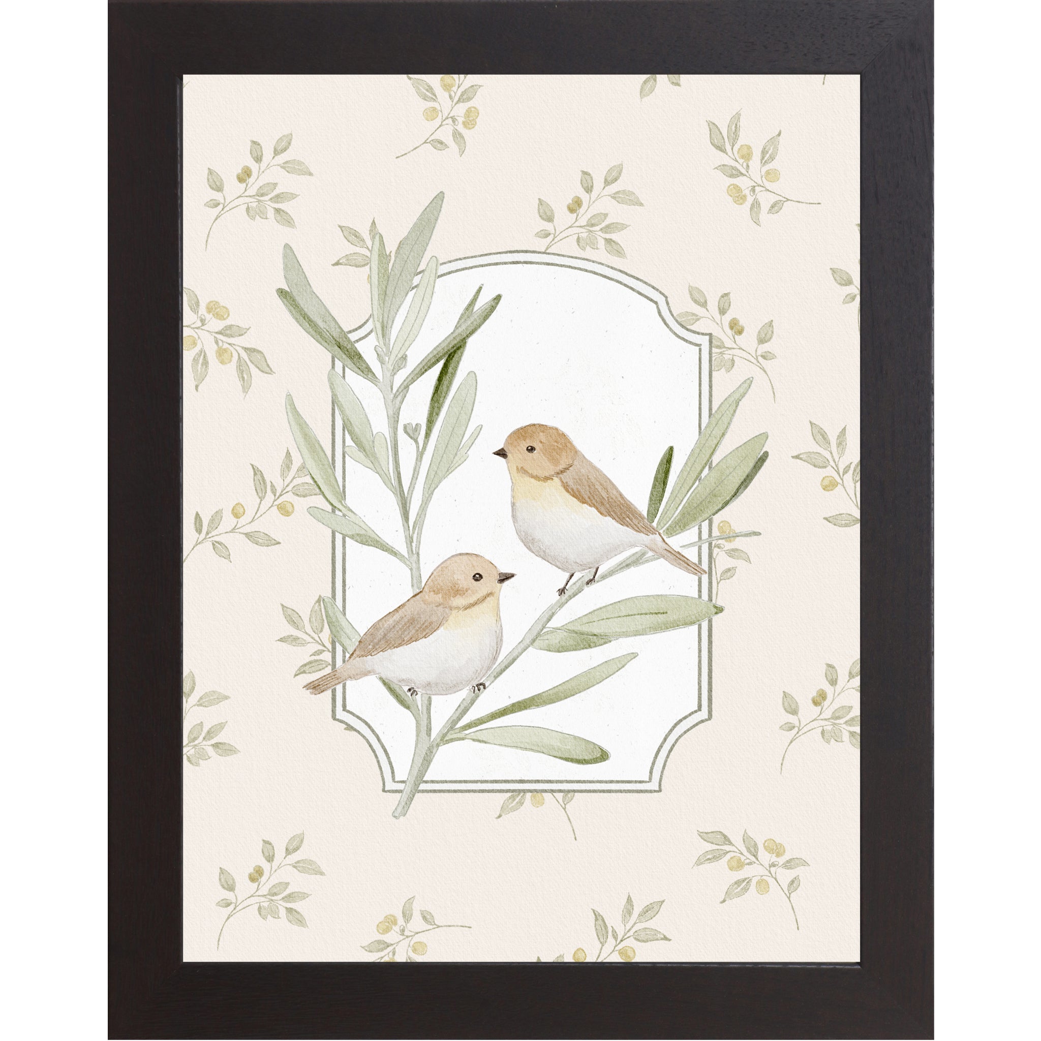 Black Vertical vintage bird wall art featuring two tan sparrows on leafy branches inside ornate frame panel with soft neutral floral background.