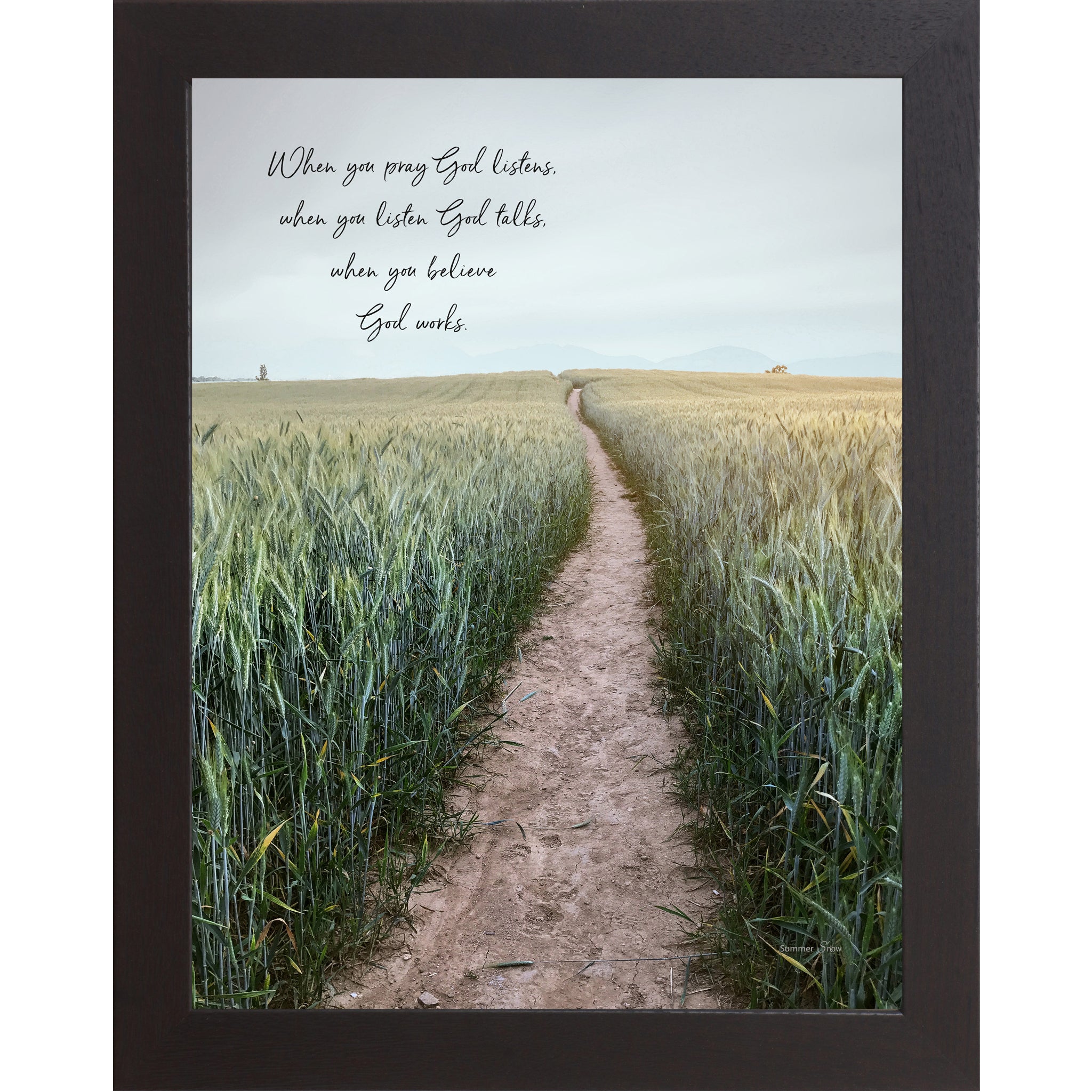 Black framed portrait Christian faith wall art with realistic wheat field path at horizon and the quote "When You Pray God Listens When You Listen God Talks When You Believe God Works"
