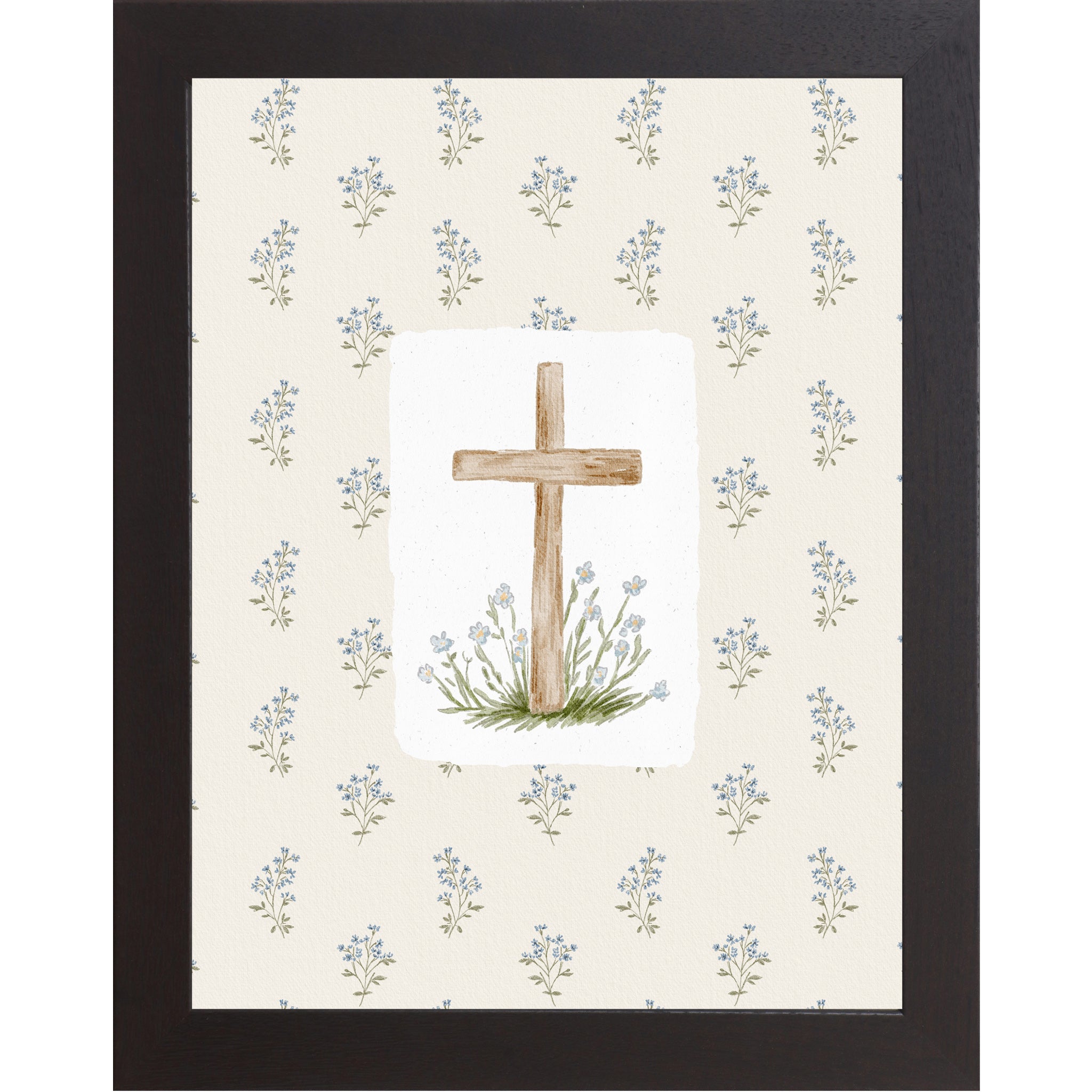 Vertical wooden cross wall art with soft blue florals on a neutral beige background in a framed Christian decor design.