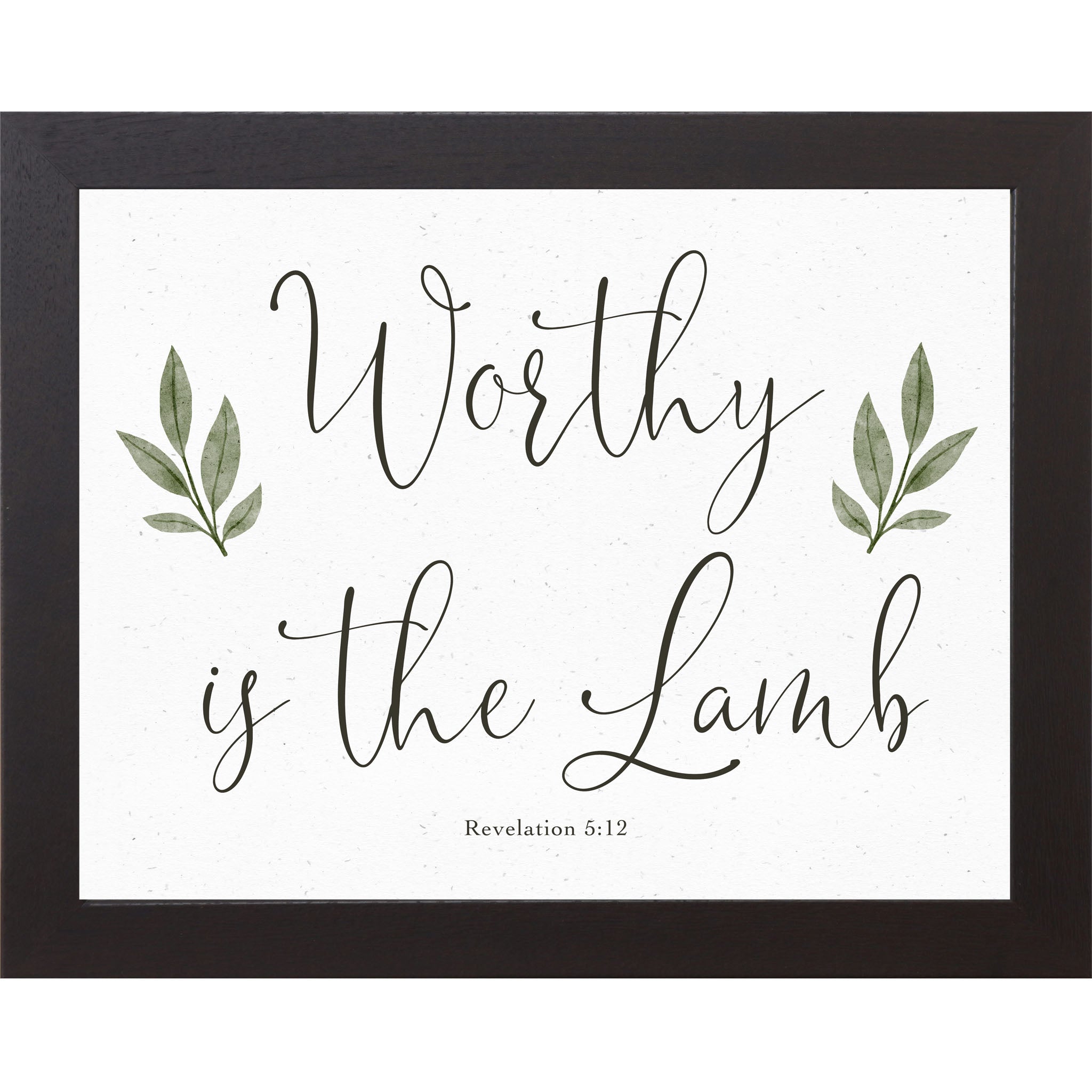 Horizontal Christian wall art featuring Worthy Is The Lamb Revelation 5:12 with green leaf accents on a neutral background.
