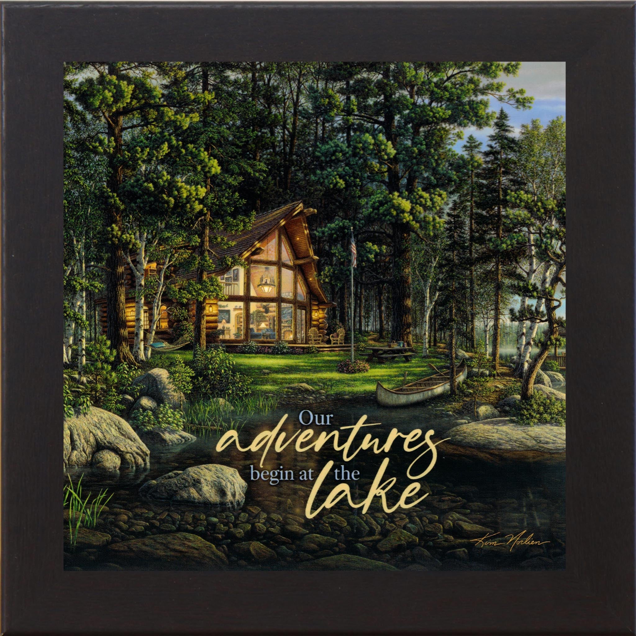 Our Adventures Begin at the Lake – Framed Lake House Wall Art with Cabin Scene (KN47)