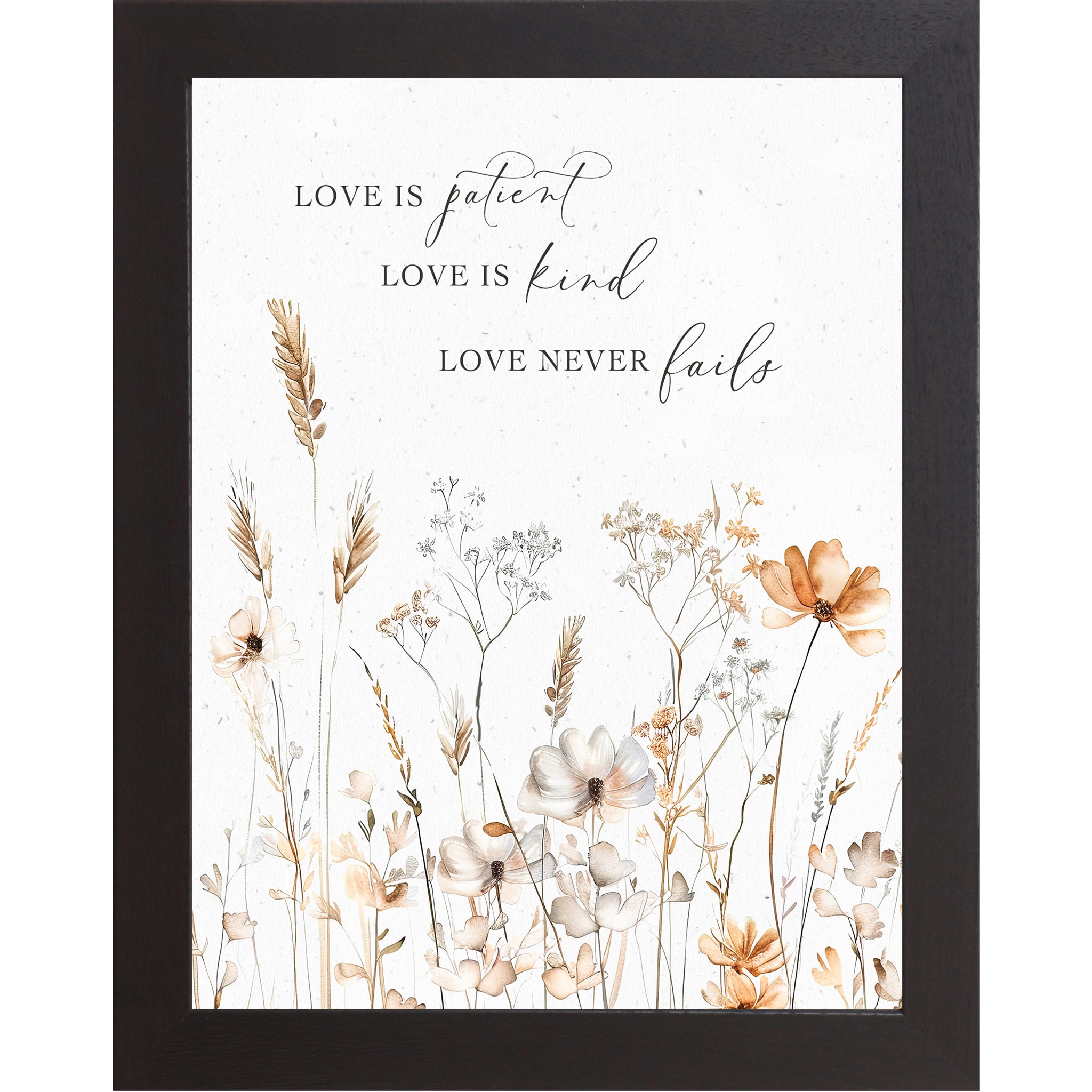 Love Is Patient Love Is Kind Love Never Fails Framed Wall Art – Vertical Floral Scripture Decor (SN399)