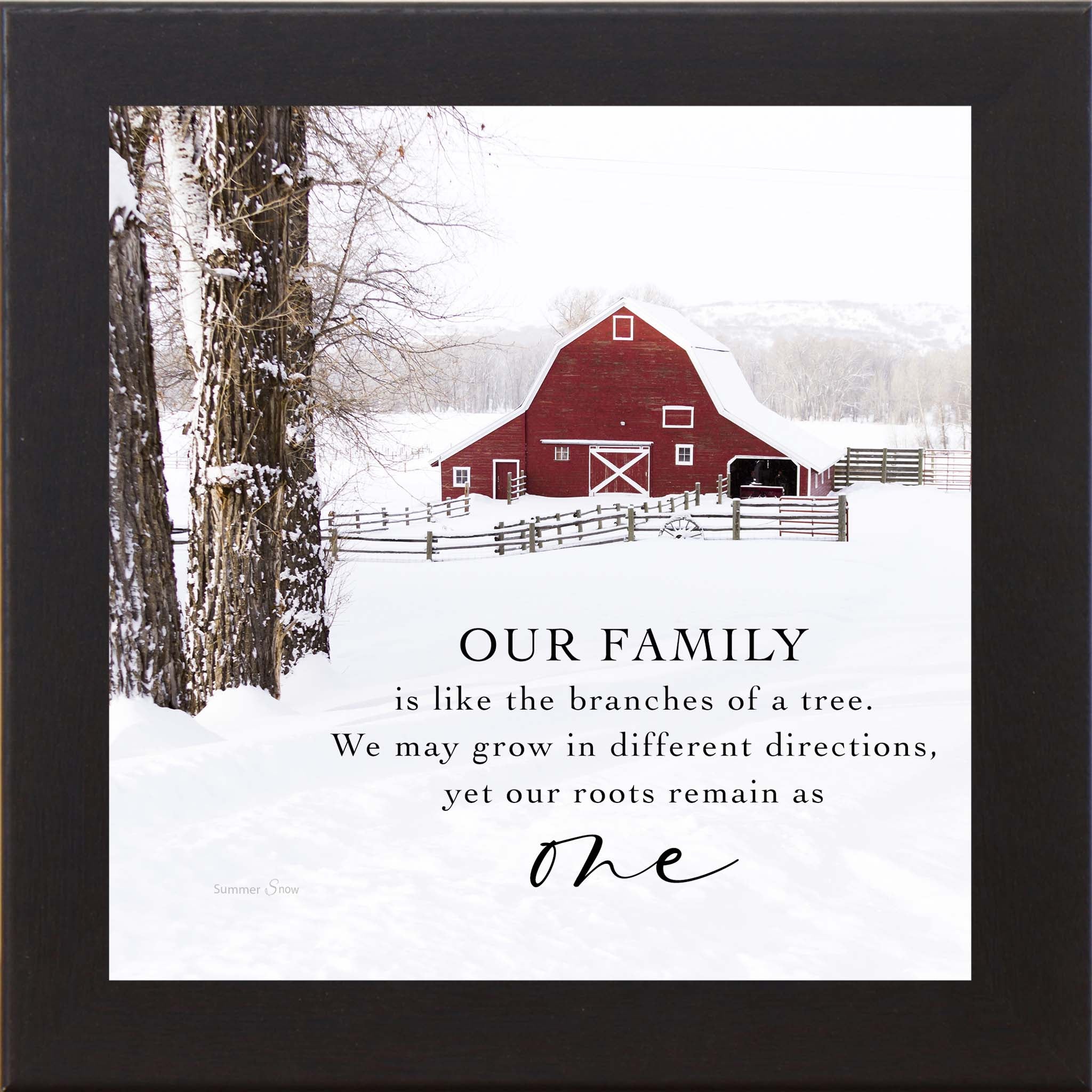 Our Family Wall Art – Winter Farm Family Quote, Rustic Red Barn Home Decor (SA110) - Summer Snow Art