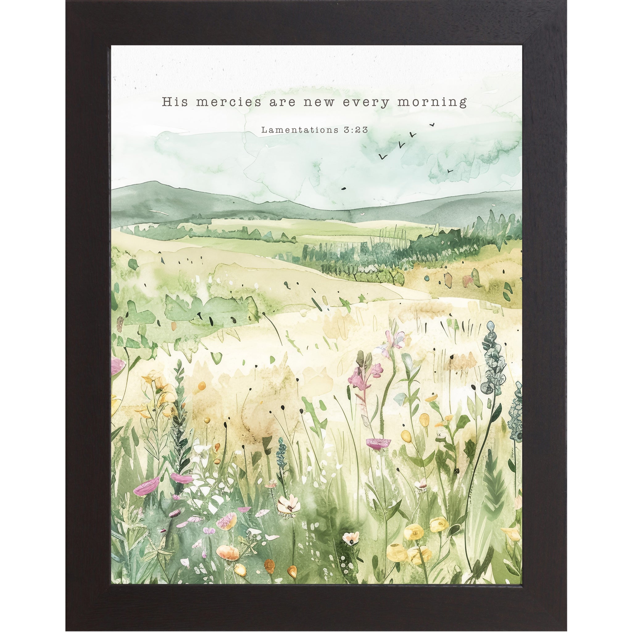His Mercies Are New Every Morning Framed Wall Art – Lamentations 323 Watercolor Meadow (SB142)