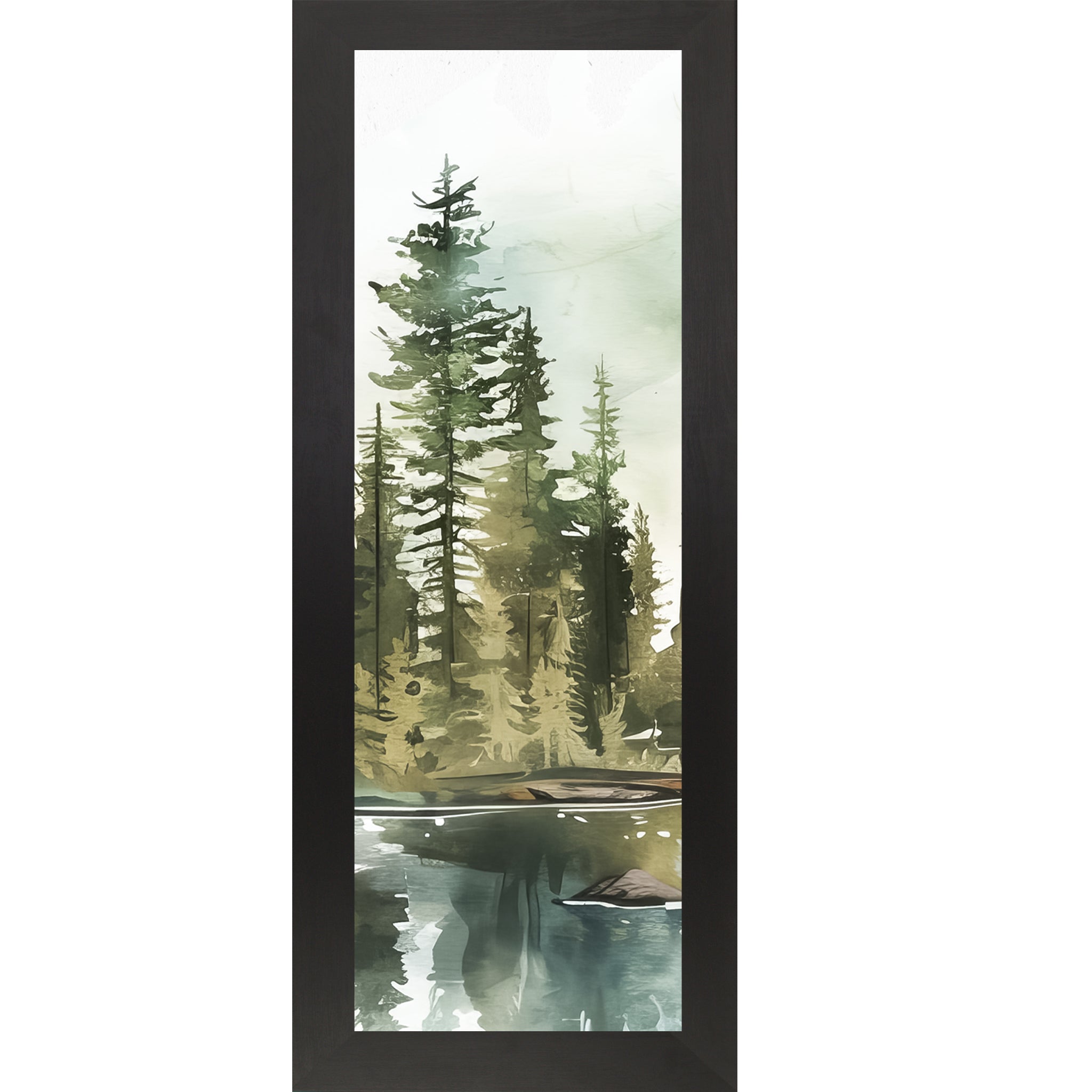 Misty Pine Lake Watercolor Wall Art | Vertical Forest & Lake Framed Art (SB900)