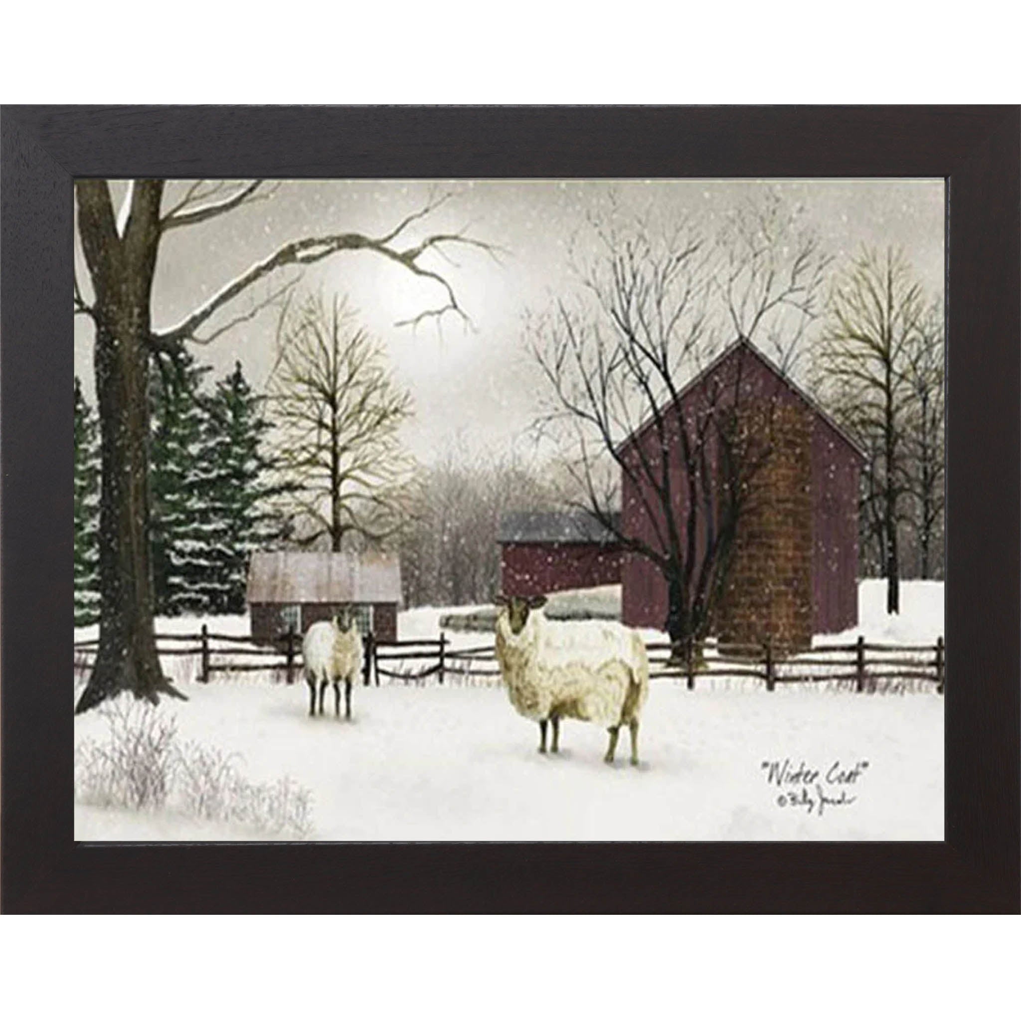 Winter Coat by Artist Billy Jacobs – Winter Farm Barn Framed Wall Art with Sheep (BJ185) - Summer Snow Art