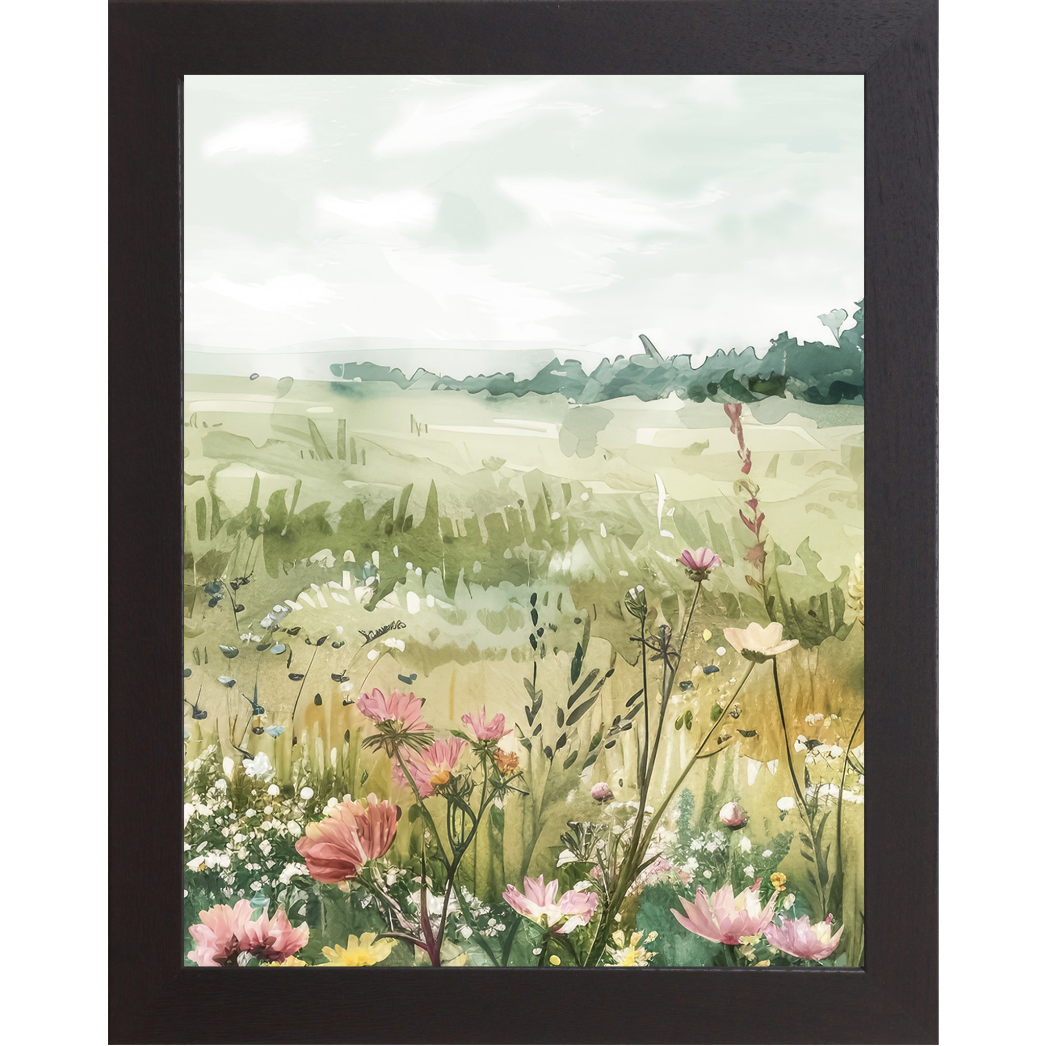 Wildflower Meadow Framed Wall Art – Soft Watercolor Floral Landscape Decor (SB140) - Summer Snow Art