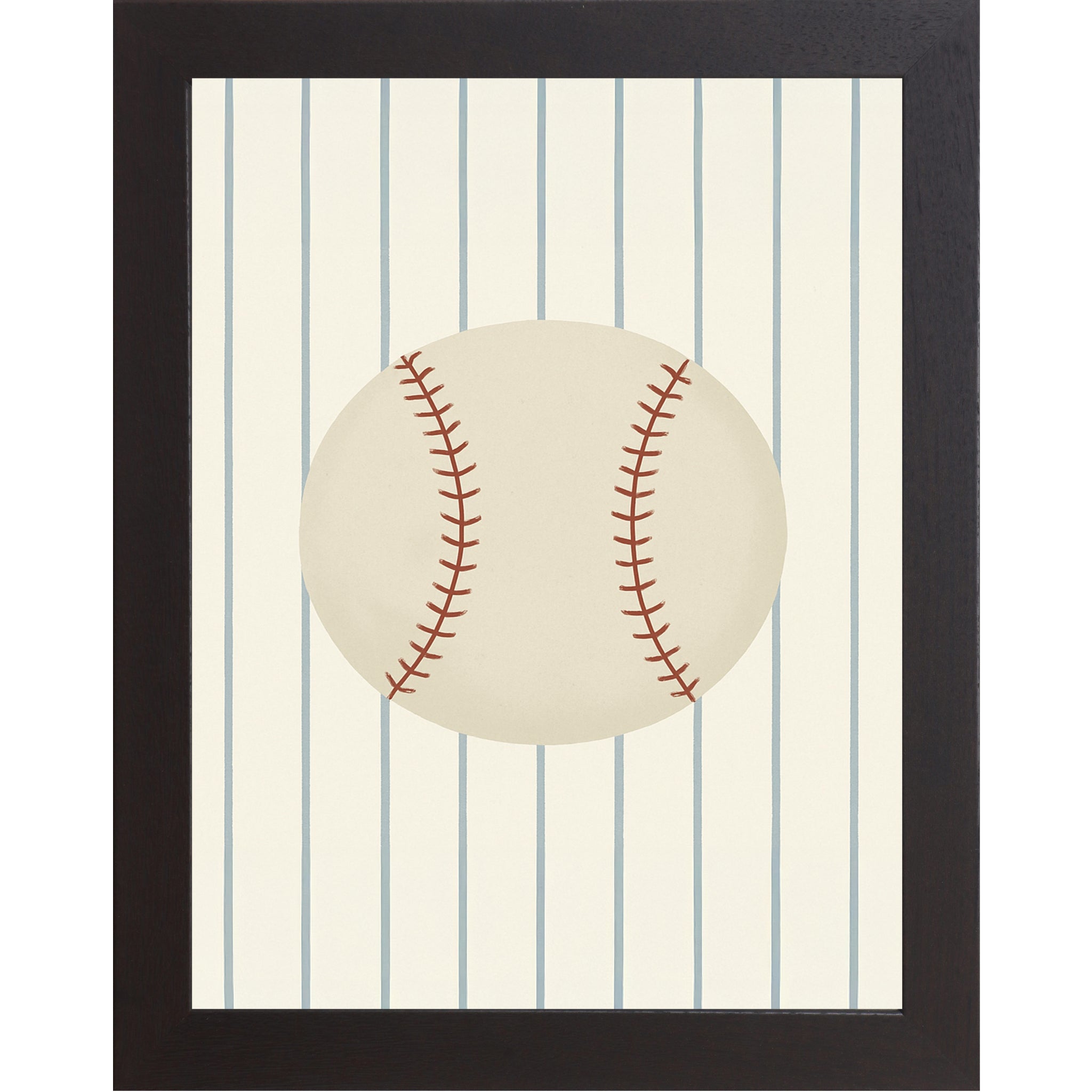 Black framed portrait baseball wall art featuring a vintage cream baseball with red stitching centered on soft blue pinstripes — SB204