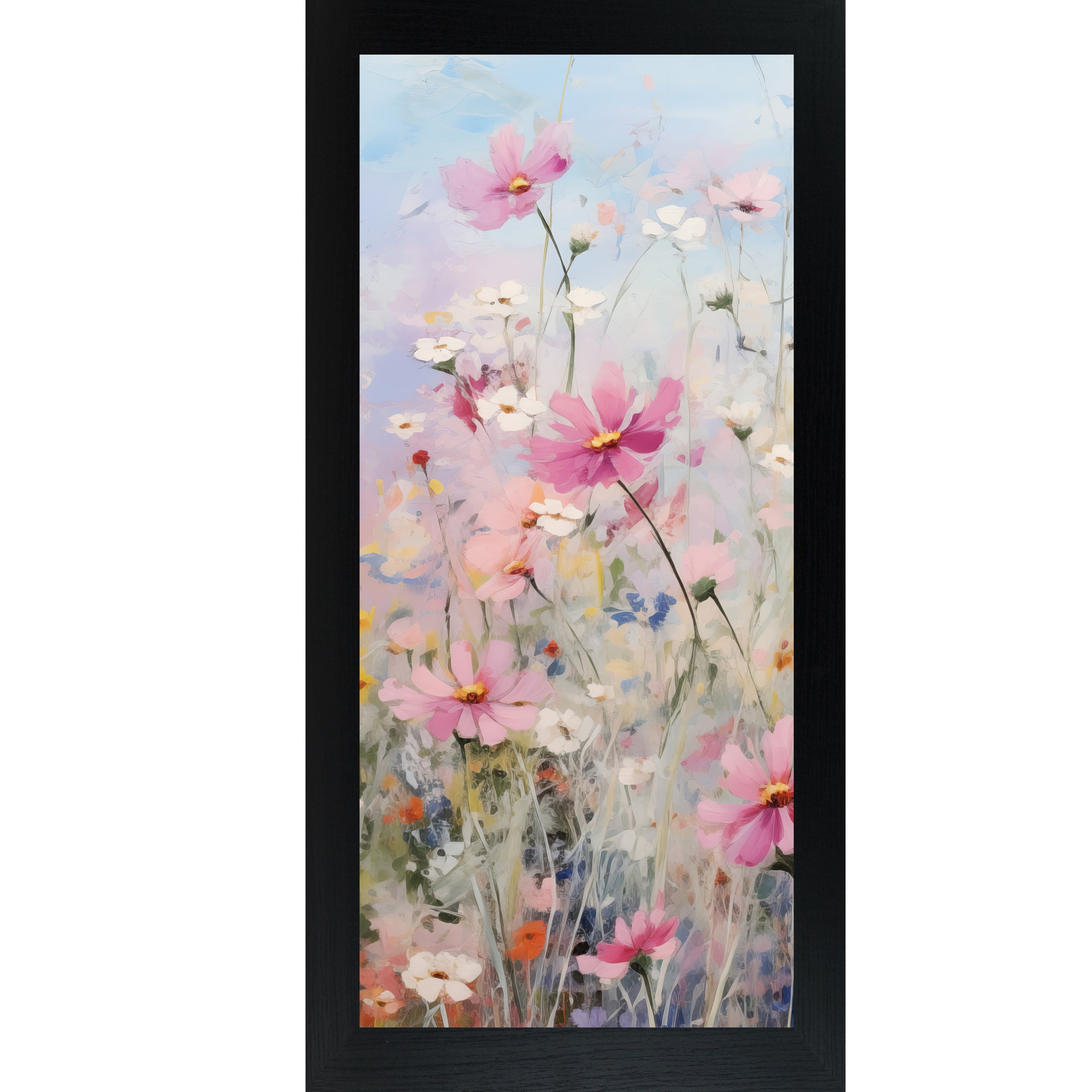 Black framed tall portrait floral wall art featuring impressionist cosmos wildflowers in deep magenta pink white yellow and orange against a soft blue sky — Cosmos Meadow Left Panel SB728