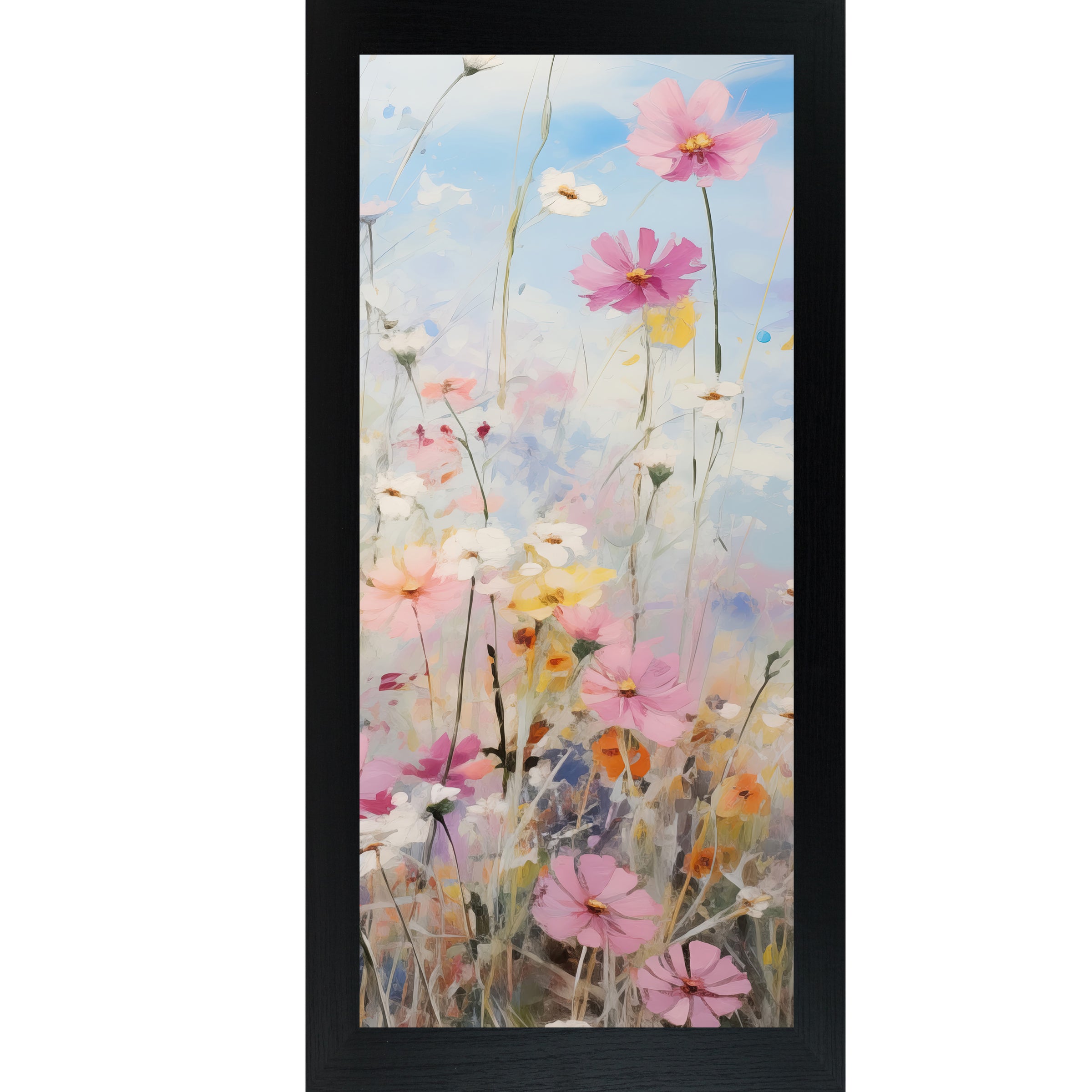 Black framed tall portrait floral wall art featuring impressionist cosmos wildflowers in soft pink magenta white and yellow with blue lavender sky accents — Cosmos Meadow Right Panel SB729