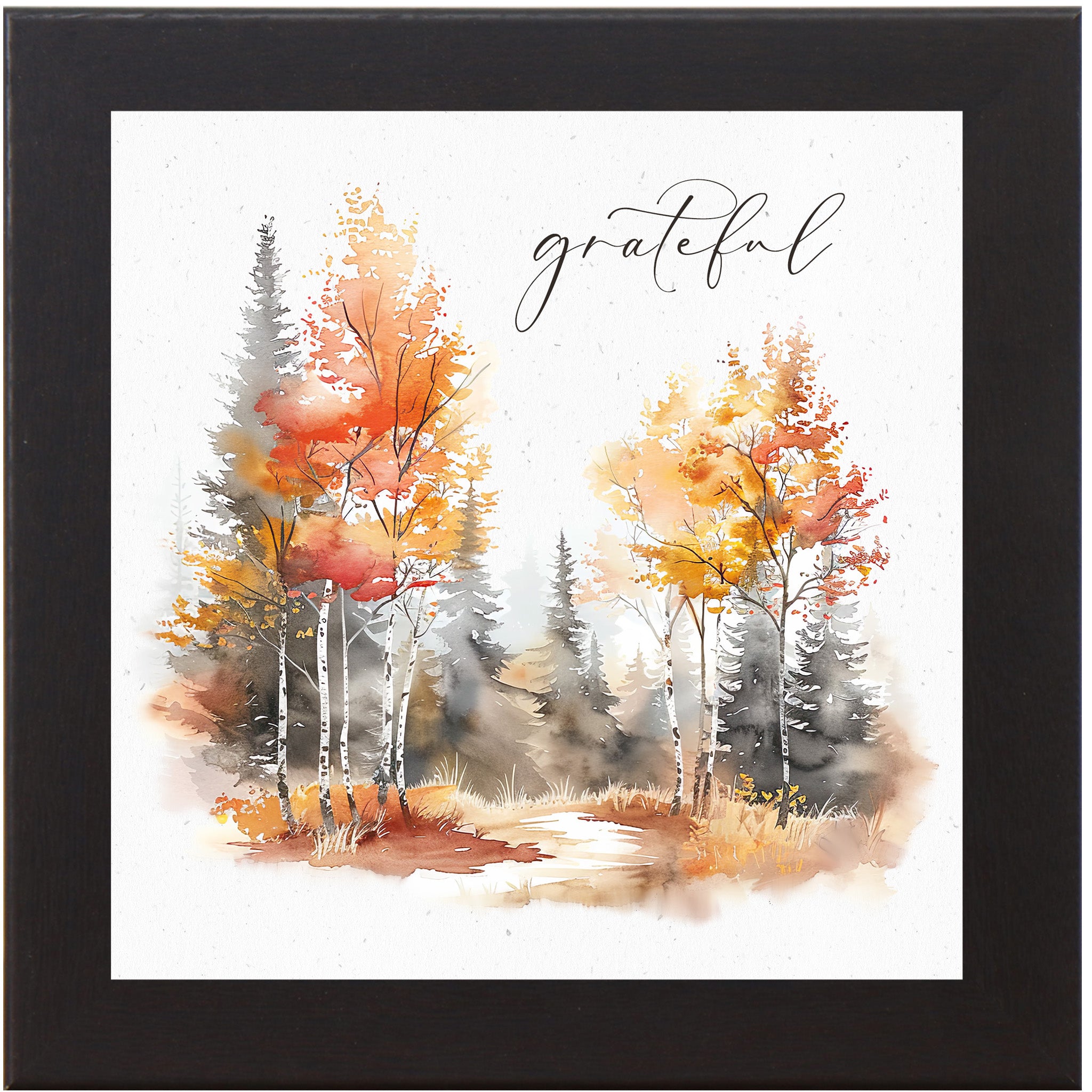 Black framed square fall wall art featuring watercolor autumn birch pine and deciduous forest in vivid red orange and gold tones with elegant script word Grateful on soft white background — SN171