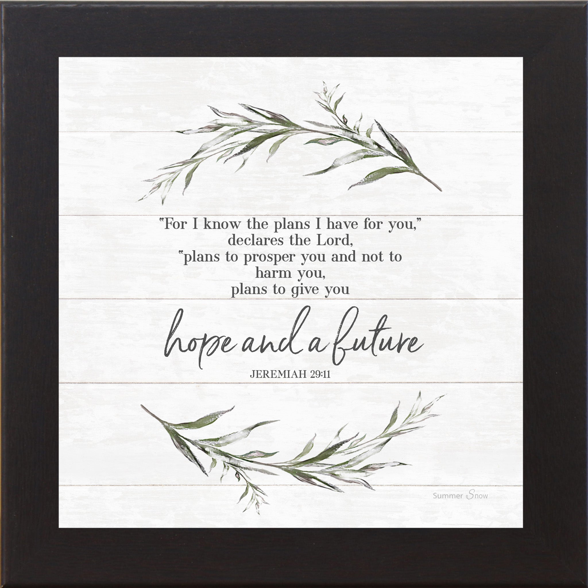 Black framed square Christian scripture wall art on shiplap white background with watercolor eucalyptus branches and full Jeremiah 29:11 verse ending in hope and a future — SS911