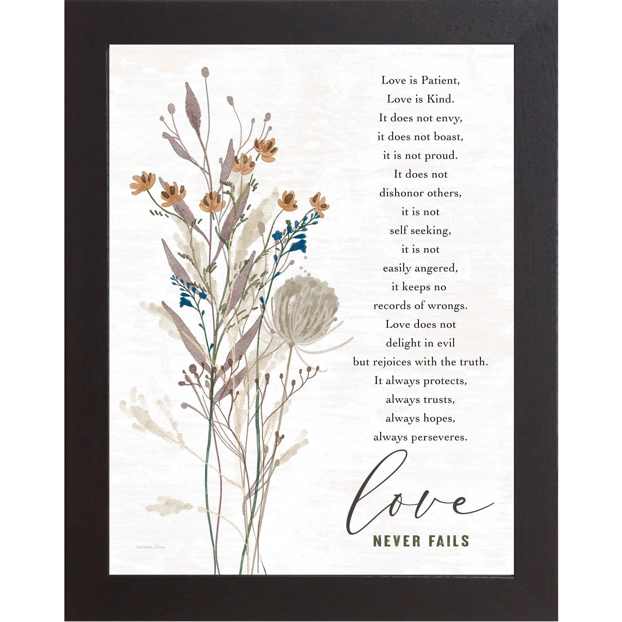 Black framed portrait Christian wall art featuring watercolor wildflower botanicals with the full 1 Corinthians 13 scripture and the words "love Never Fails" — SA388