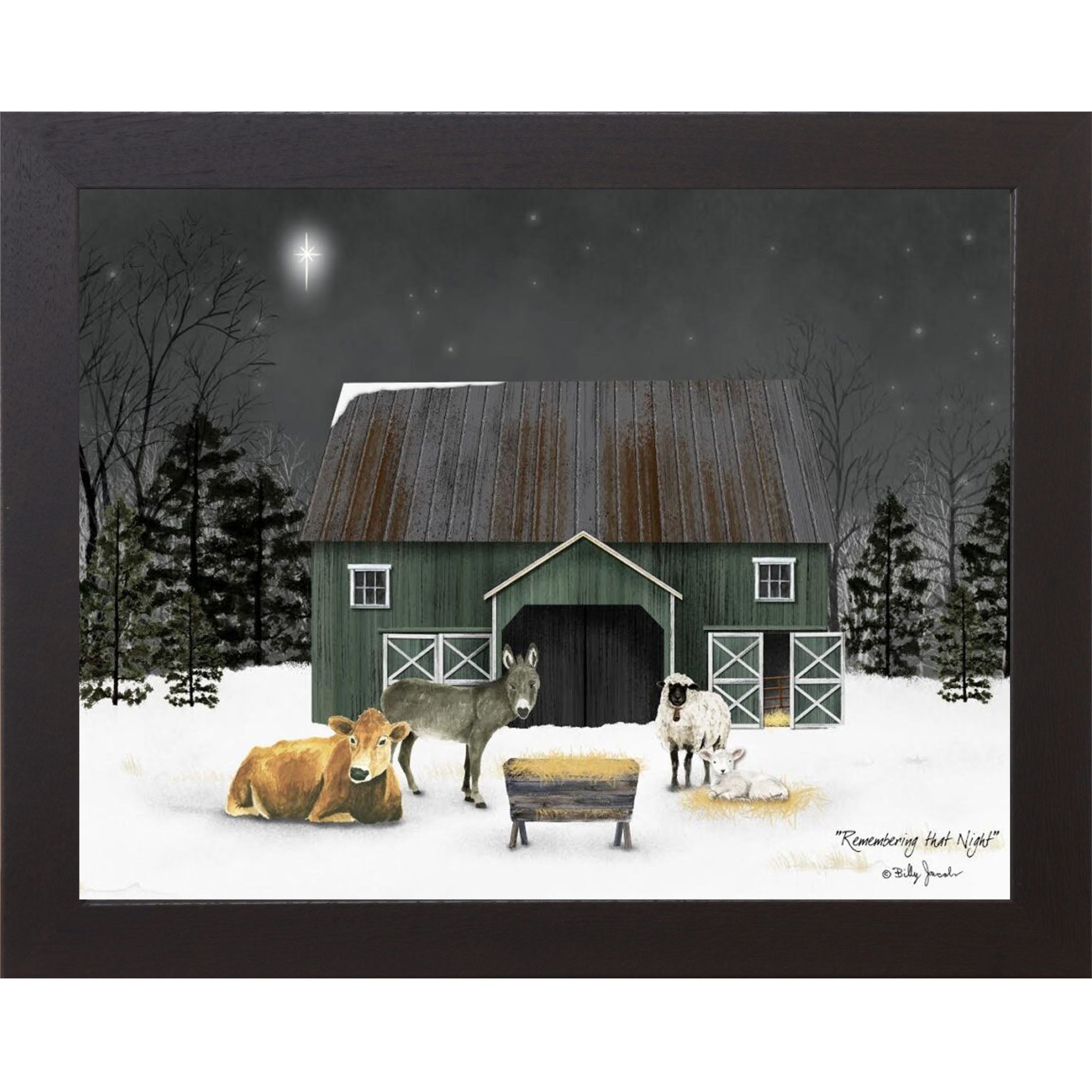 Black framed landscape Billy Jacobs wall art print of a green barn on a snowy Christmas night with a cow, donkey, and sheep gathered under a brilliant star titled "Remembering That Night"