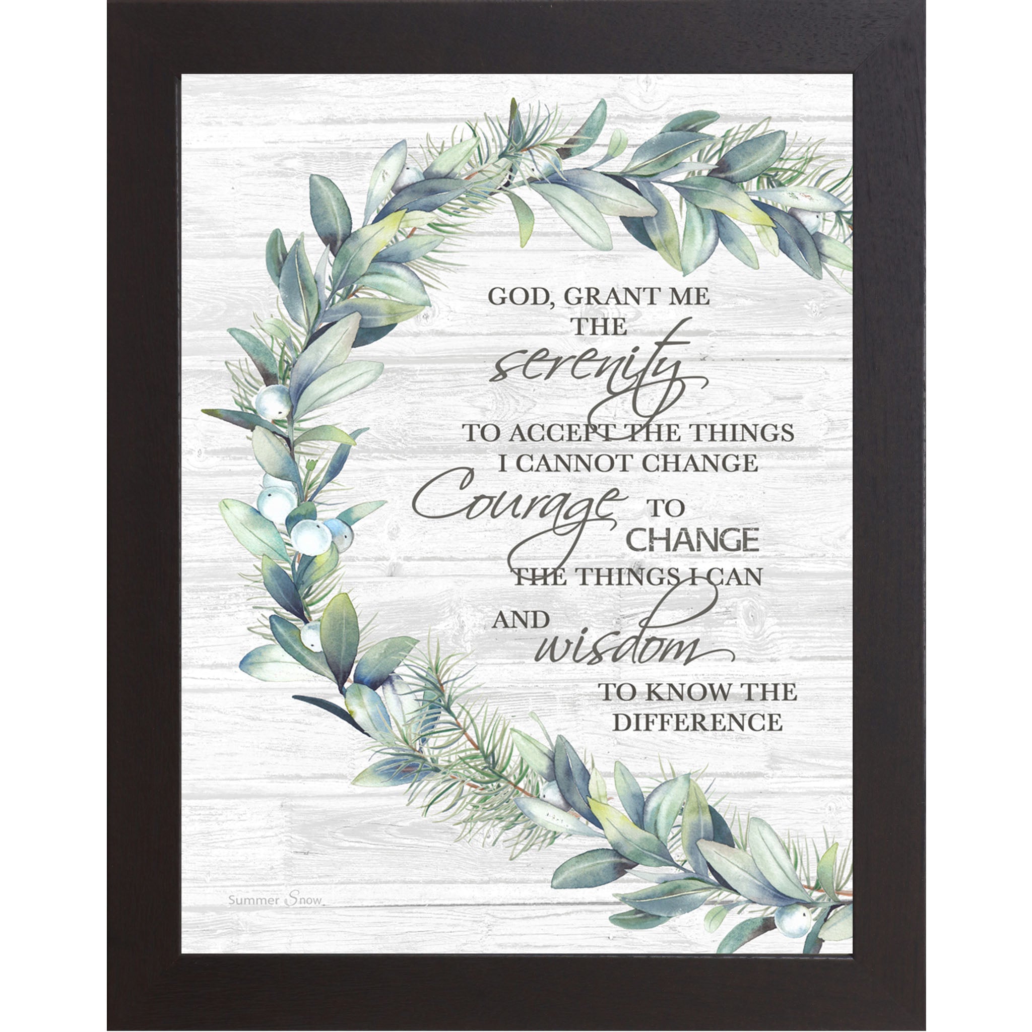 Black framed portrait Serenity Prayer wall art with lush green eucalyptus botanical wreath on white woodgrain background with the words "God Grant Me the Serenity to Accept the Things I Cannot Change"