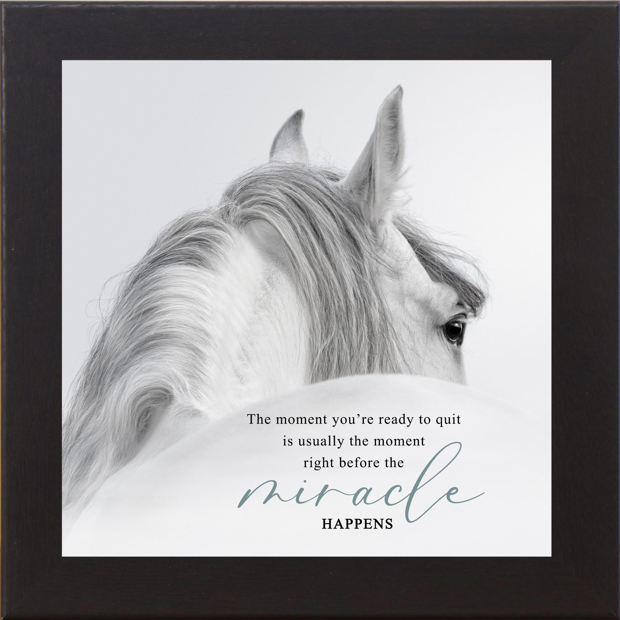 Black framed square white horse inspirational wall art with the quote "The Moment You're Ready to Quit Is Usually the Moment Right Before the Miracle Happens"