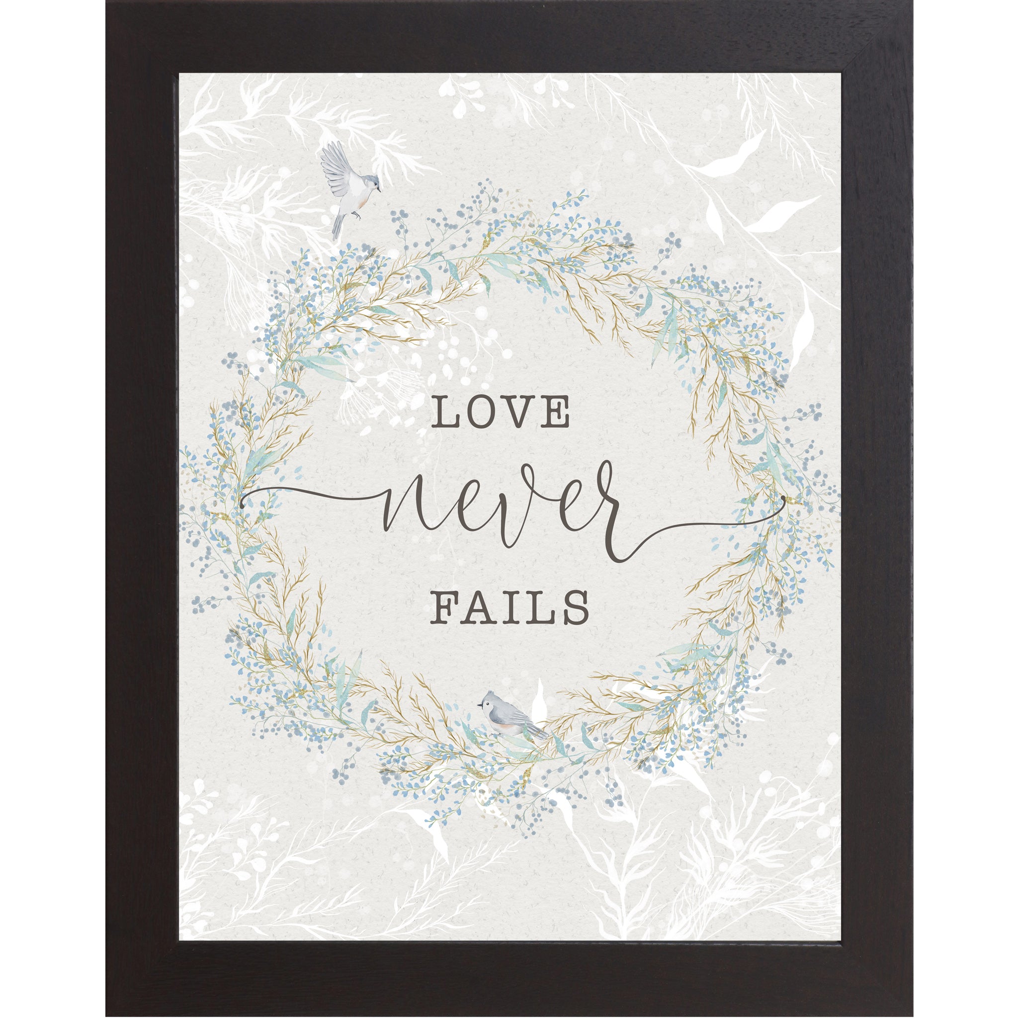 Love Never Fails Wall Art – Floral Wreath Scripture Decor, Soft Neutral Christian Art (SB150)