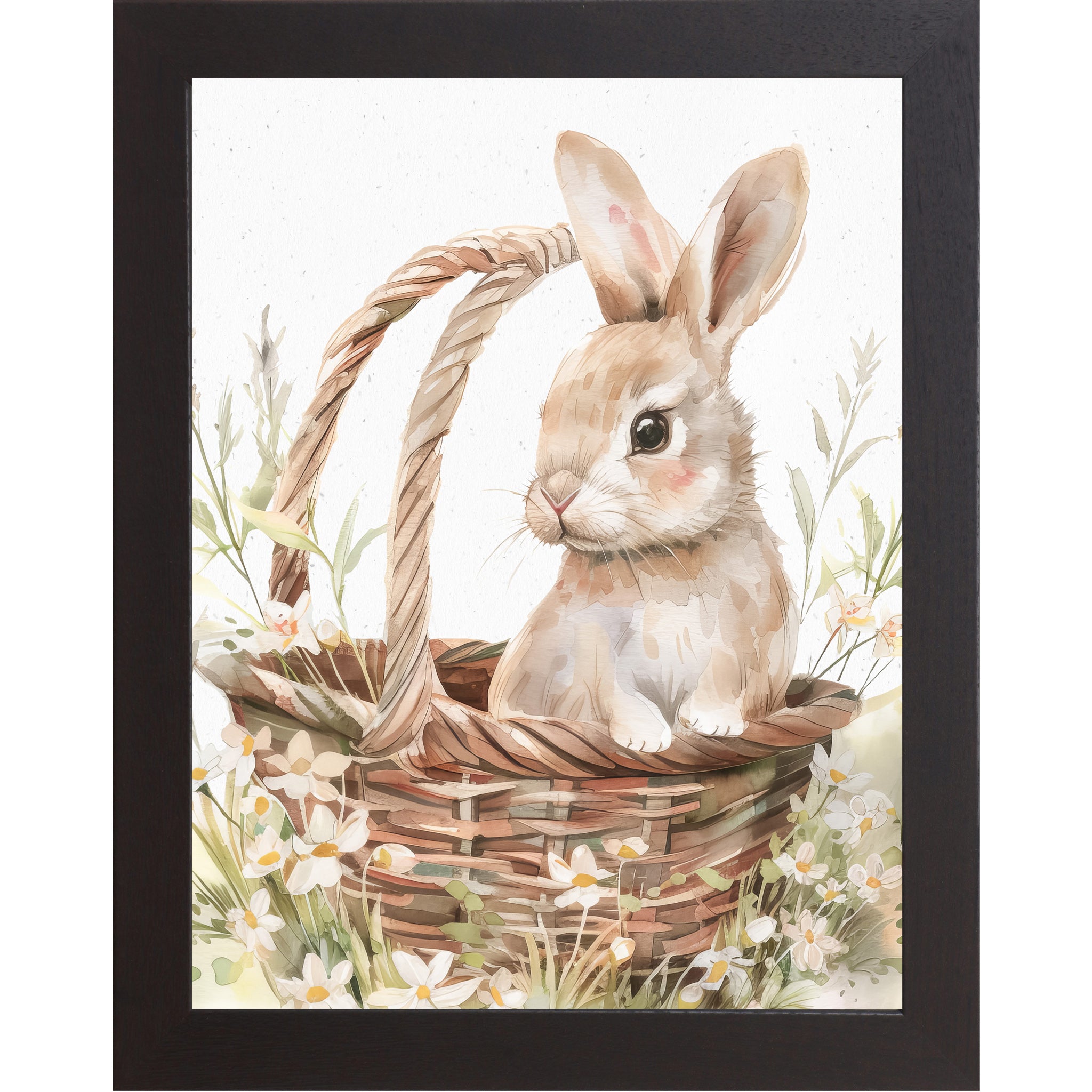 Spring Bunny in Basket Wall Art – Watercolor Rabbit with Floral Accents, Neutral Easter & Nursery Decor (SB154) - Summer Snow Art