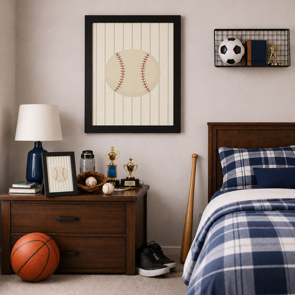 Boys sports bedroom with vintage baseball pinstripe wall art SB204 in black frame — larger size hanging on wall above nightstand with 8x10 easel back on dresser — basketball baseball glove bat and trophies in room