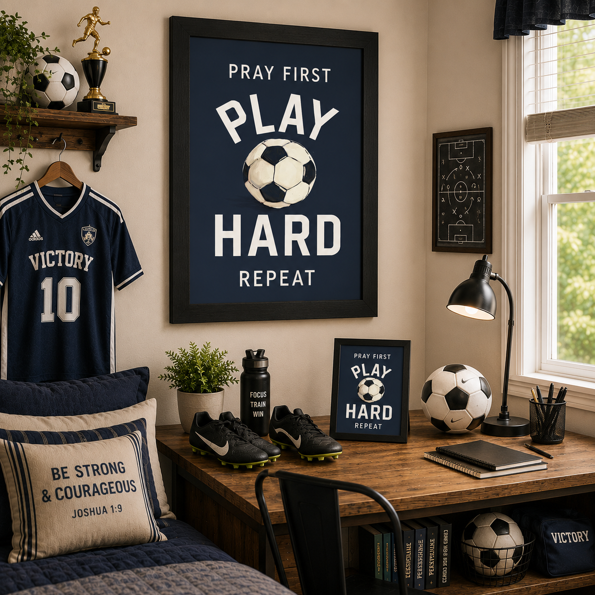 Black framed Pray First Play Hard Repeat soccer wall art SB261 in navy blue displayed large on boys soccer bedroom wall above desk with 8x10 easel back — Victory 10 Adidas jersey Nike cleats soccer ball tactical formation board Focus Train Win water bottle Be Strong and Courageous pillow and Discipline Perseverance books
