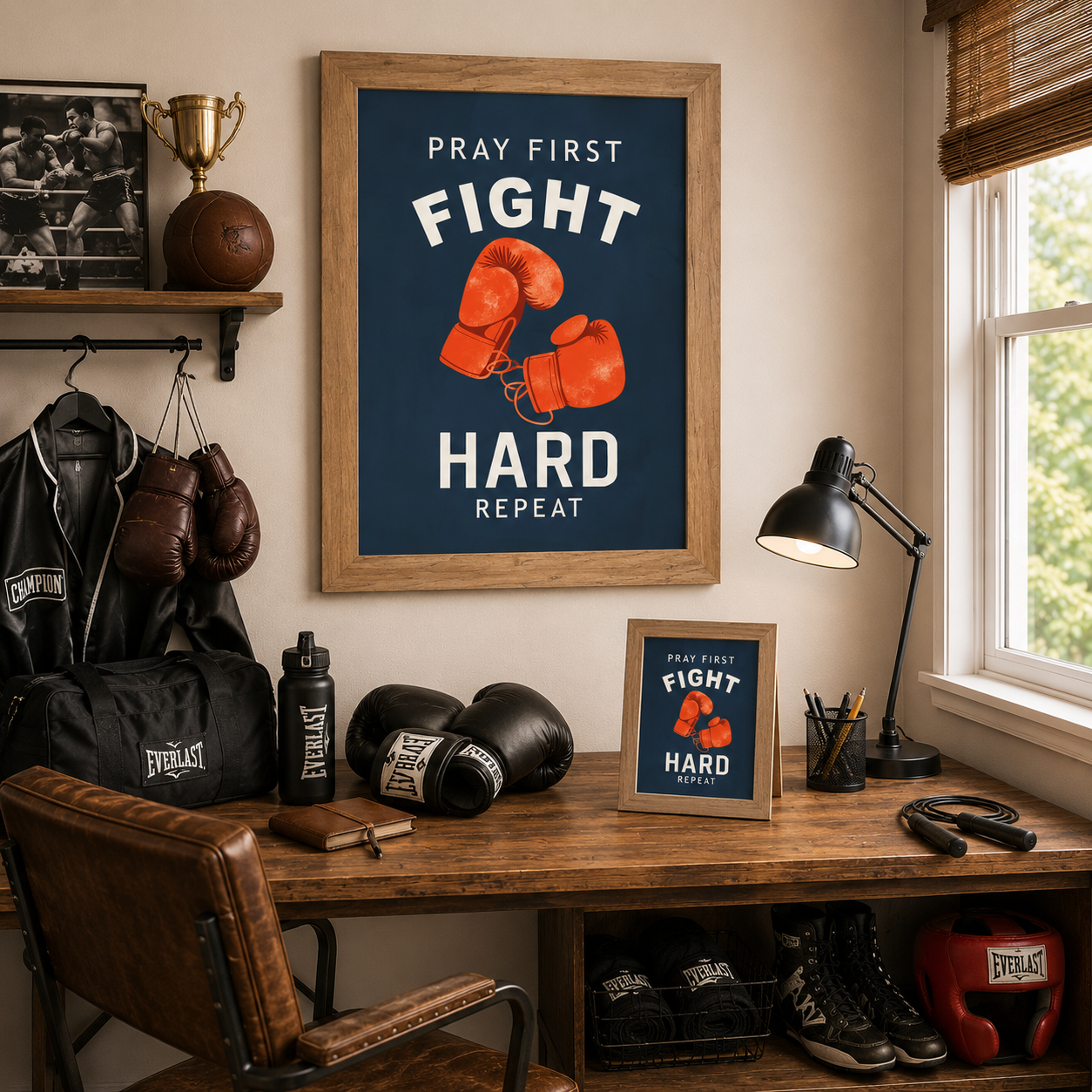 Farmtable framed Pray First Fight Hard Repeat boxing wall art SB262 in navy blue displayed large on boxing gym bedroom wall above desk with 8x10 easel back — Champion robe Everlast gloves bag jump rope boxing shoes speed bag vintage boxing photo and gold trophy in room setting