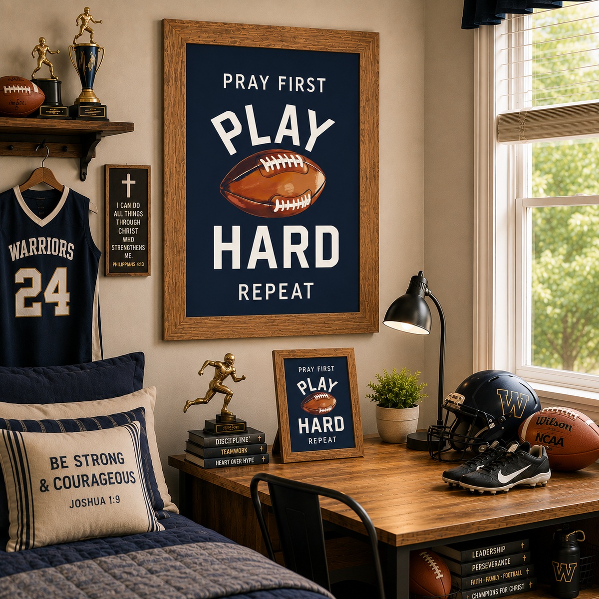 Farmtable framed Pray First Play Hard Repeat football wall art SB260 in navy blue displayed large on boys football bedroom wall above desk with 8x10 easel back — Warriors 24 jersey football helmet cleats Wilson NCAA ball Be Strong and Courageous pillow I Can Do All Things Through Christ sign Faith Family Football books on shelf