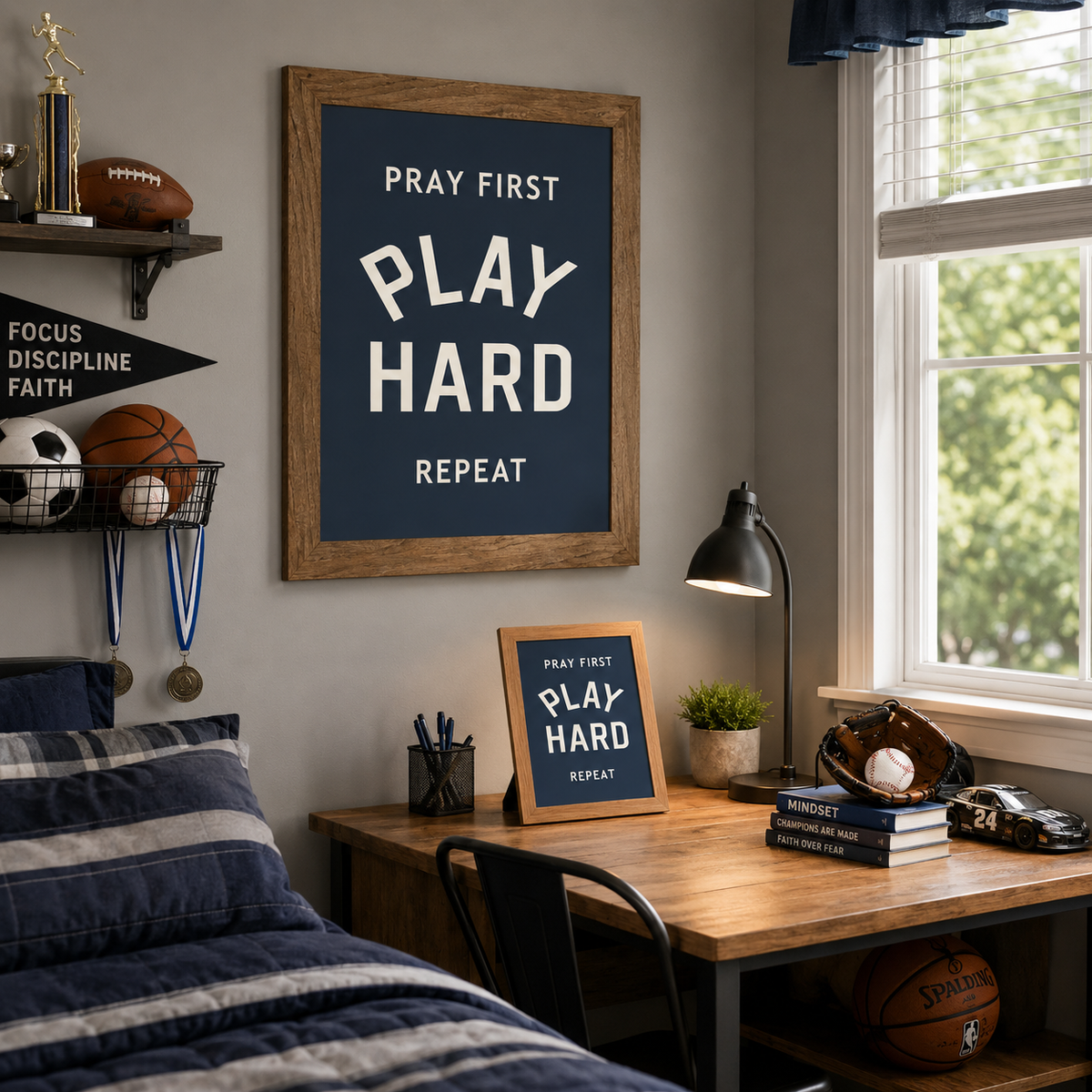 Farmtable framed Pray First Play Hard Repeat wall art SB257 in navy blue displayed large on boys bedroom wall above desk with 8x10 easel back on desk — trophy shelf with football basketball soccer ball baseball glove medals and Faith Over Fear books in room setting