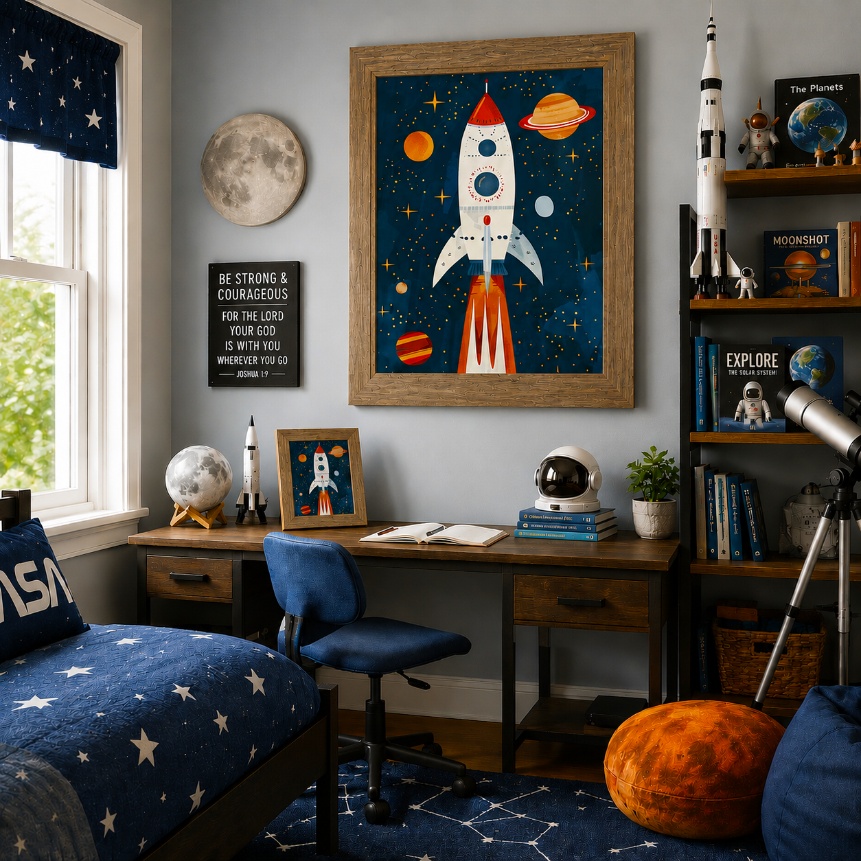 Farmtable framed rocket ship space wall art SB265 displayed large on boys space themed bedroom wall above desk with 8x10 easel back — Saturn V rocket model moon lamp astronaut helmet Be Strong and Courageous sign telescope Explore the Solar System and Moonshot books NASA pillow and star constellation rug