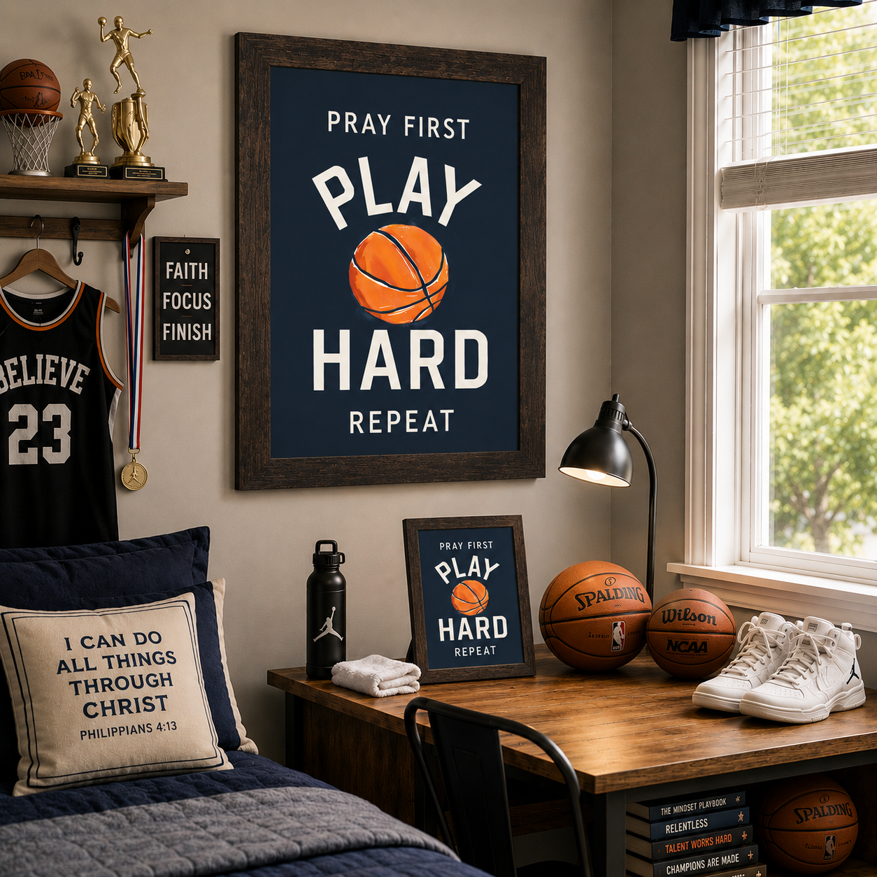 Natural brown framed Pray First Play Hard Repeat basketball wall art SB259 in navy blue displayed large on boys basketball bedroom wall above desk with 8x10 easel back — Believe 23 jersey Spalding Wilson basketballs Jordan shoes Faith Focus Finish sign I Can Do All Things Through Christ pillow trophies medals and Mindset Playbook on desk
