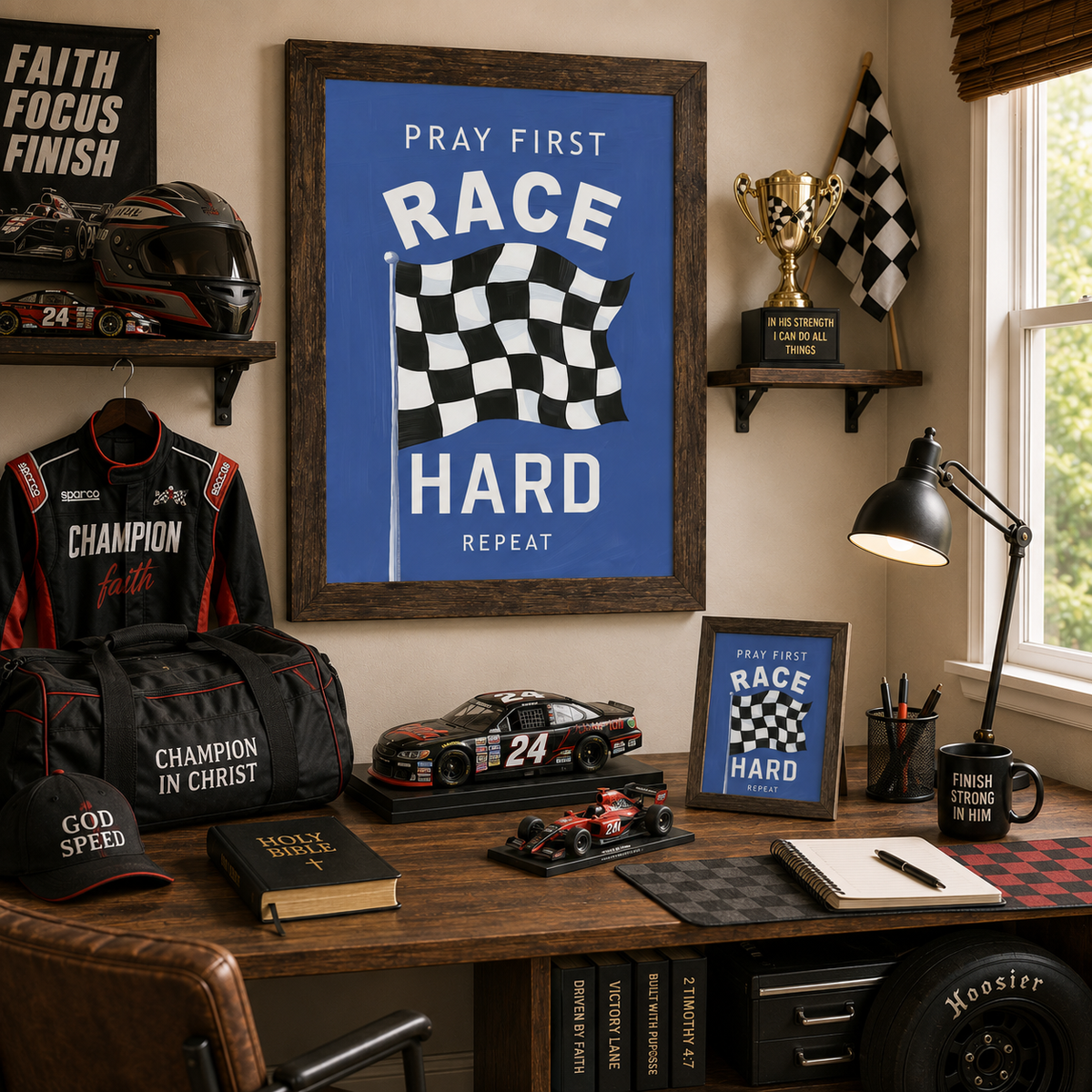 Natural brown framed Pray First Race Hard Repeat racing wall art SB264 in vivid blue displayed large on racing themed bedroom wall above desk with 8x10 easel back — Sparco Champion Faith racing suit Champion in Christ duffel bag God Speed cap Holy Bible Faith Focus Finish banner trophy checkered flags die-cast number 24 car and Driven By Faith books on shelf