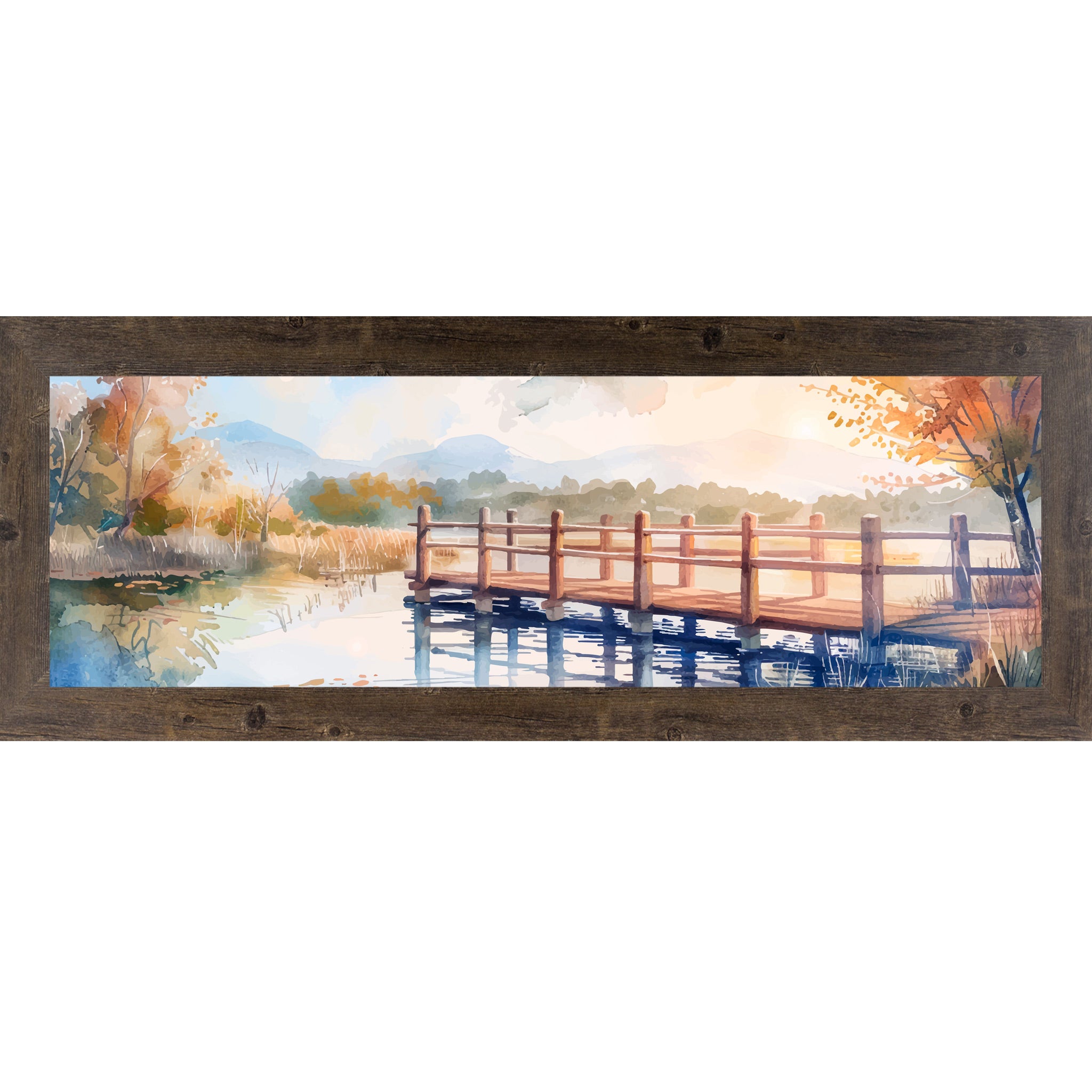 Natural Brown framed wide panoramic scenic wall art featuring a watercolor autumn bridge over still lake water with golden sunburst amber autumn trees and misty mountains