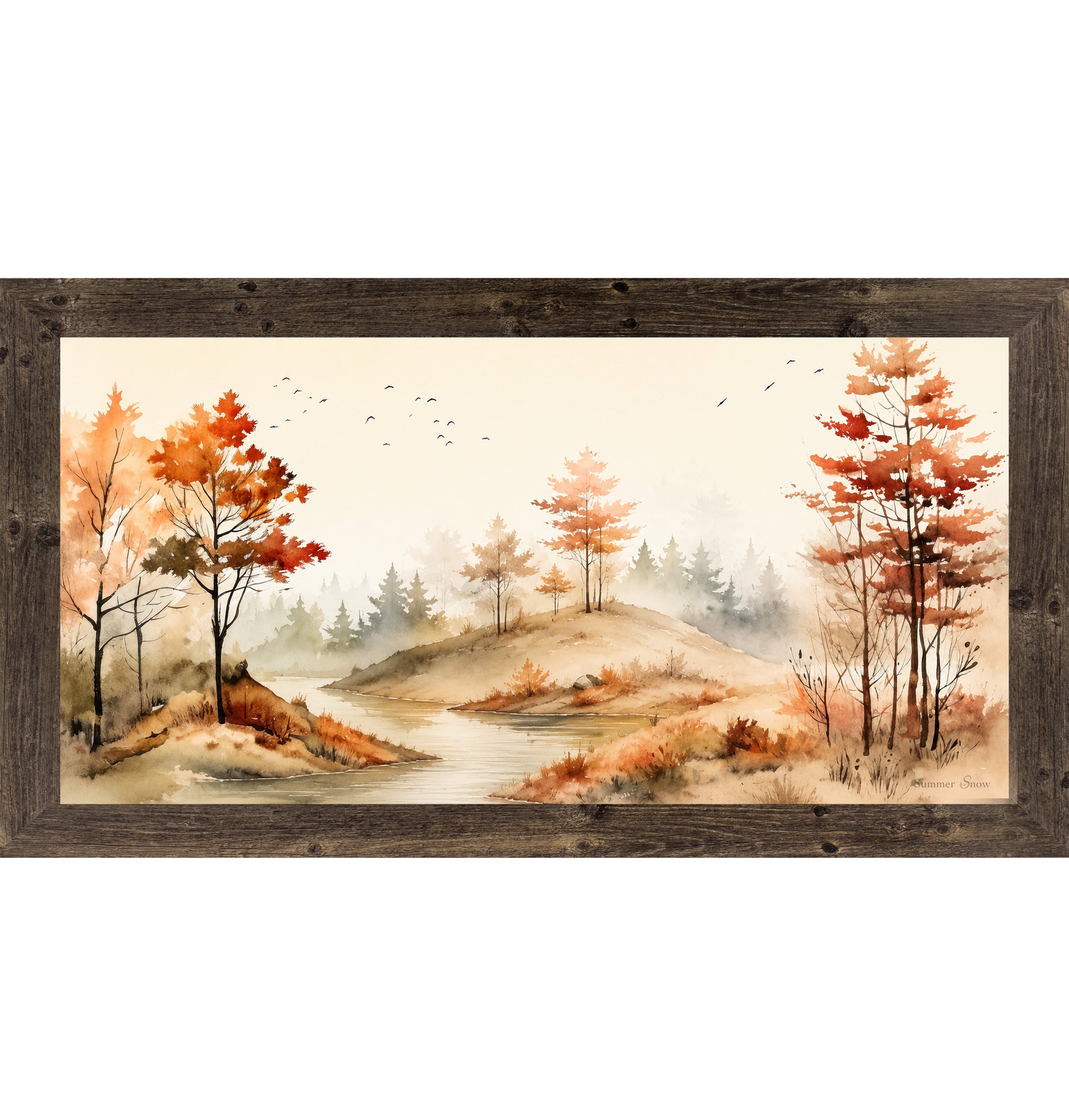 Natural Brown framed wide landscape fall wall art featuring watercolor autumn river valley with amber and burnt orange trees birds in flight and misty evergreen forest — Autumn River SB764