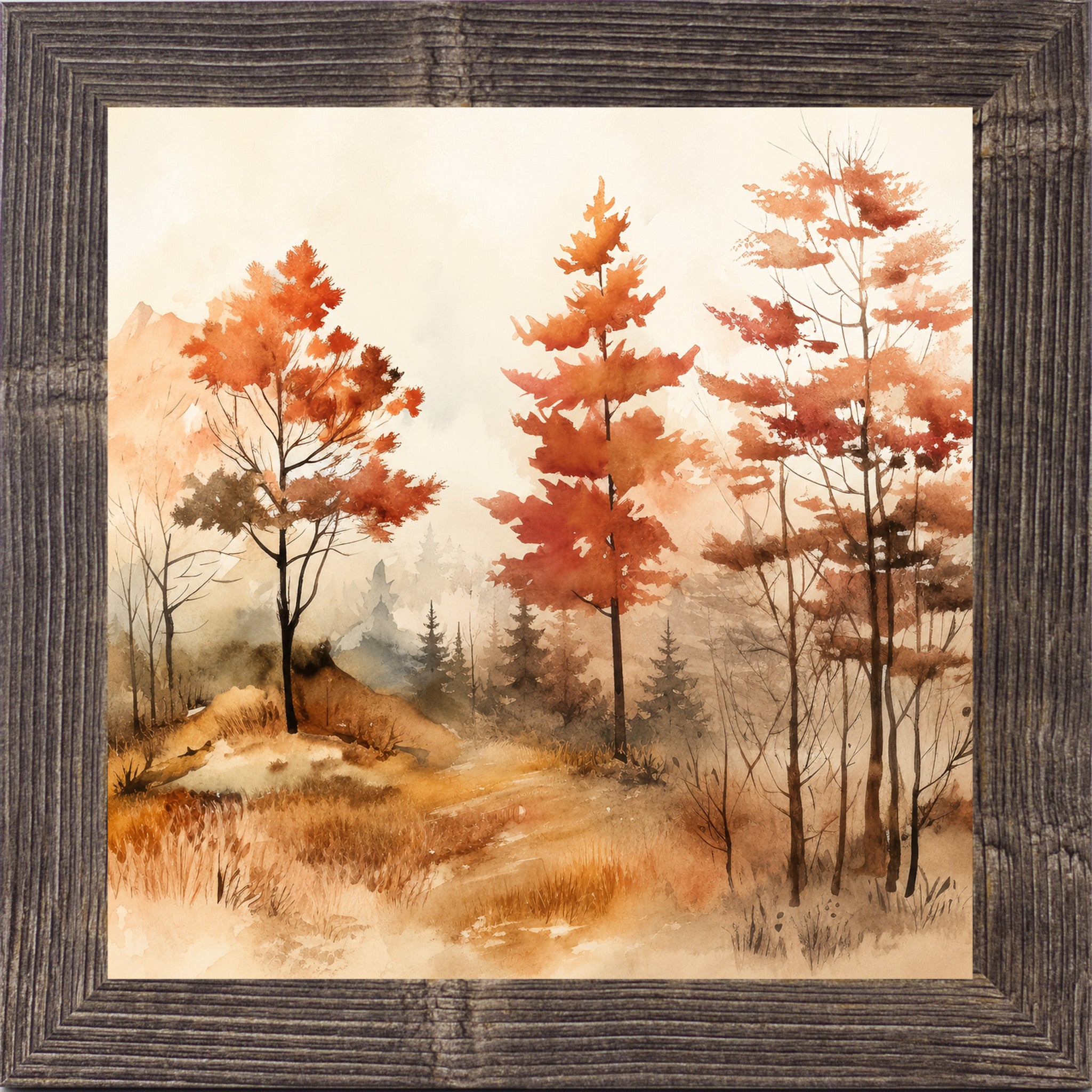 Natural Brown framed square fall wall art featuring three autumn trees in watercolor landscape with burnt orange foliage misty mountains and golden grasses