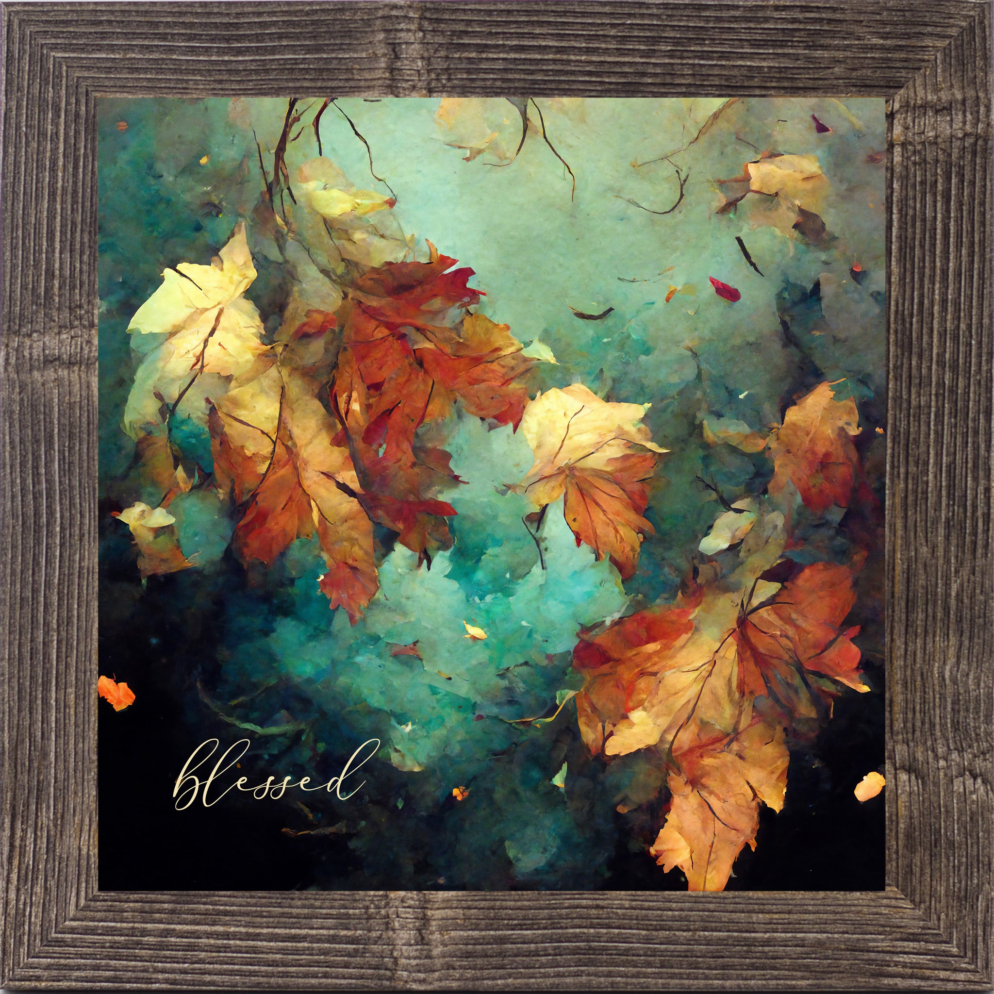 Natural Brown framed square fall wall art featuring teal watercolor autumn maple leaves in amber and burnt orange with the word "blessed" in gold script — Blessed SB305