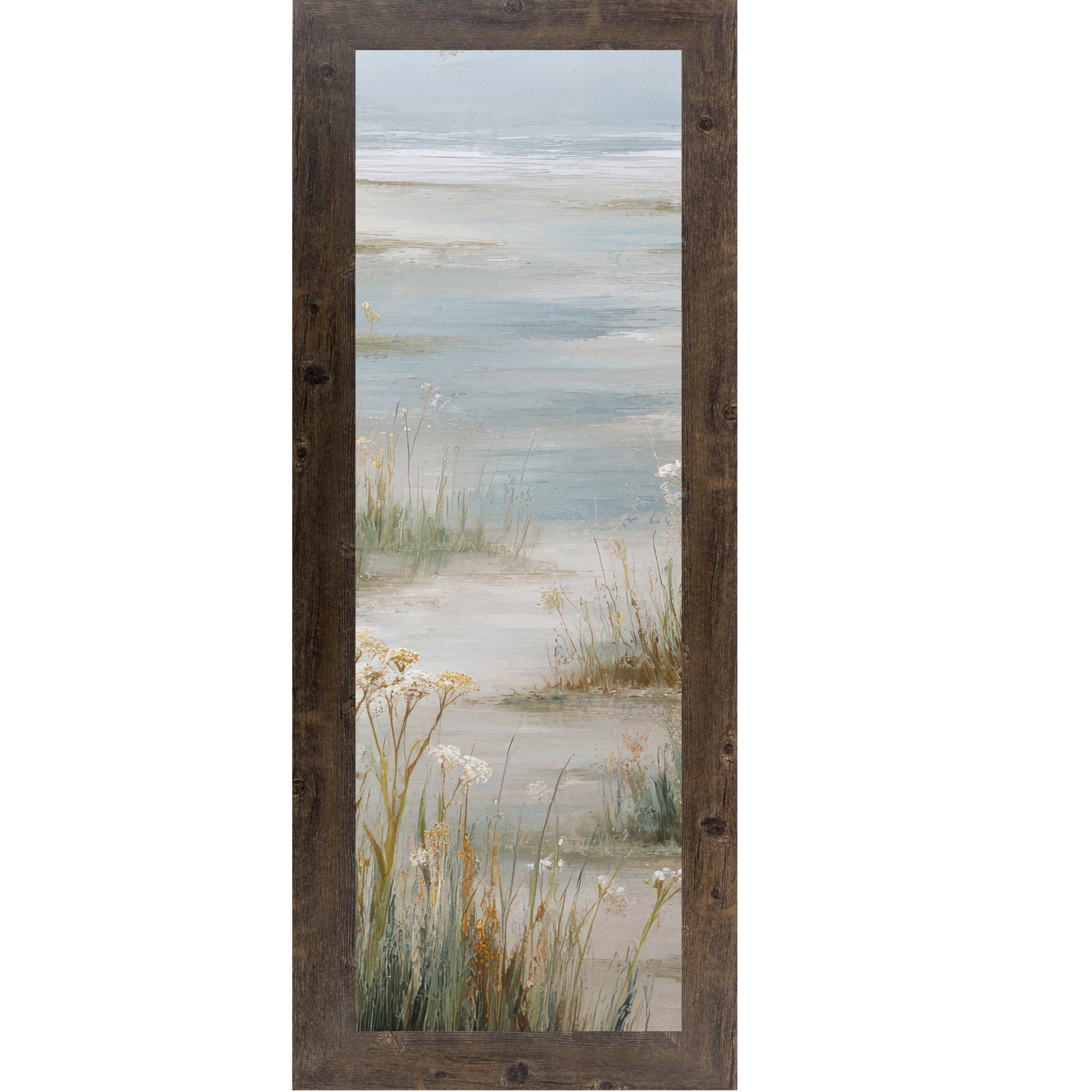 Natural brown framed narrow portrait coastal marsh wall art with golden amber marsh grasses white wildflowers and open tidal flat water reflection — center panel of coastal triptych